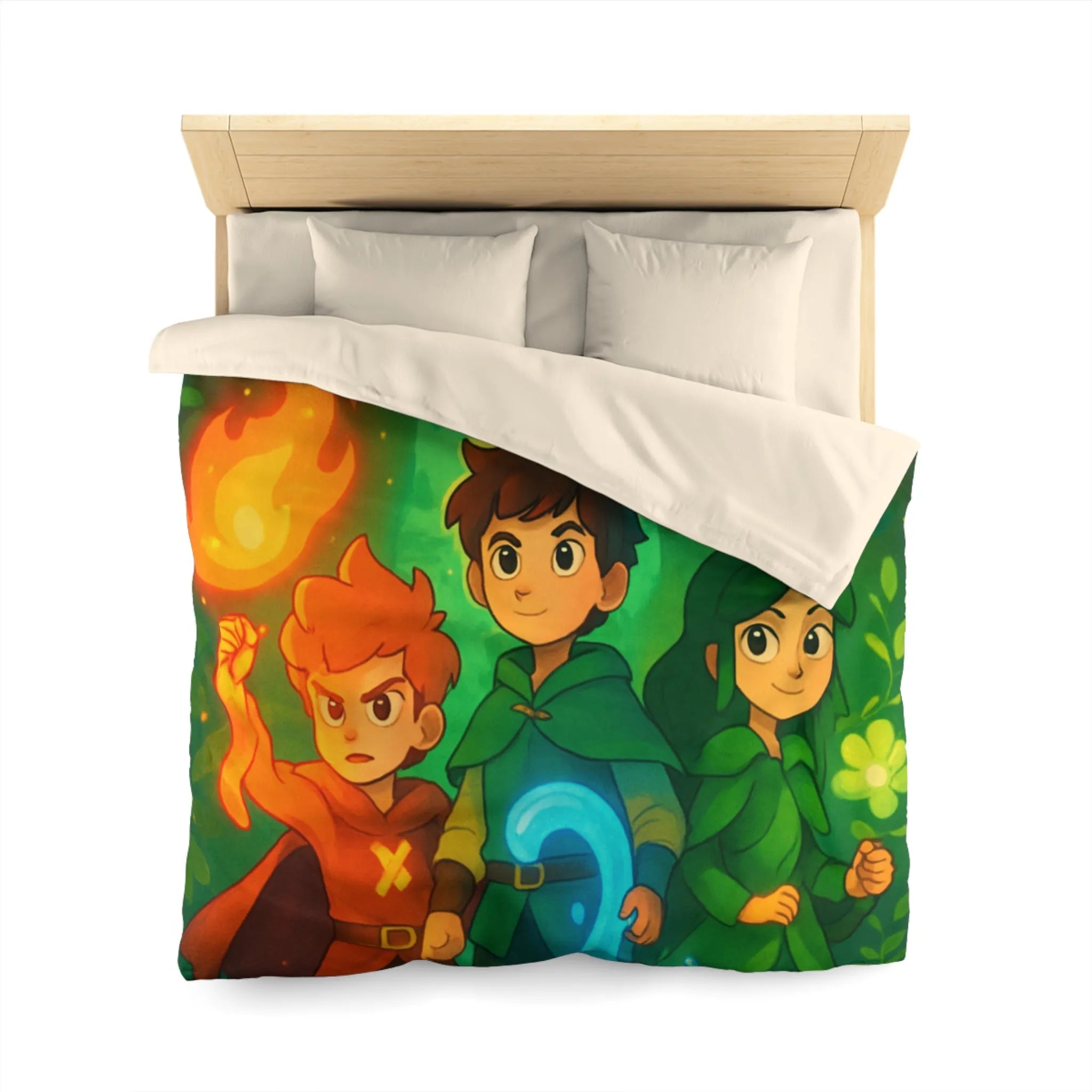 Housse de couette enchantée avec personnages magiques dans une forêt lumineuse et colorée