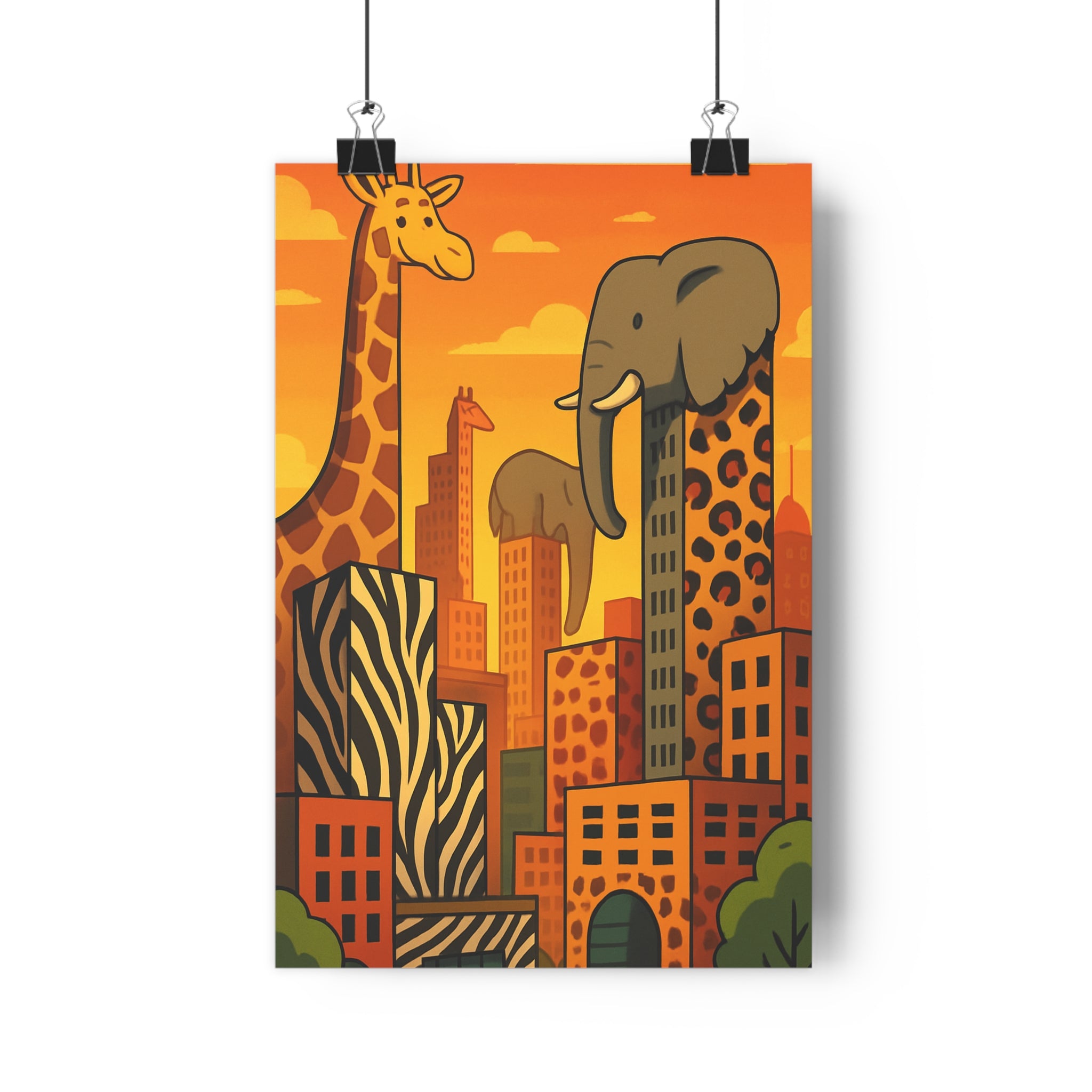 Poster décoratif cartoon orange jaune animaux urbain stylisé chaleureux salon chambre aventure unique qualité