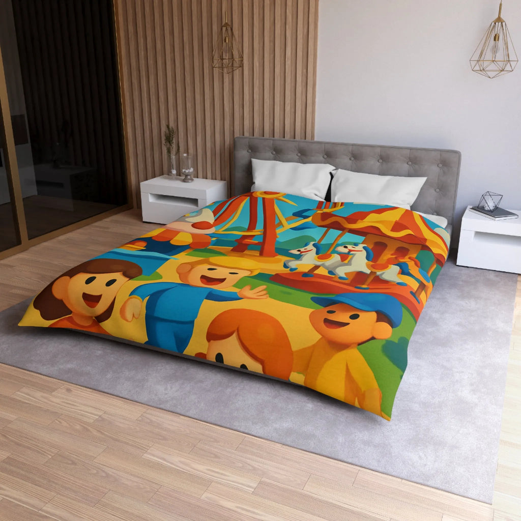 Housse de couette joyeuse avec motifs de fête foraine colorée et enfants souriants