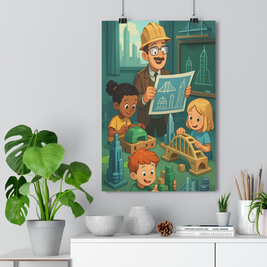 Poster décoratif éducatif bleu vert cartoon futuriste enfant joyeux inspirant technique chambre bureau design
