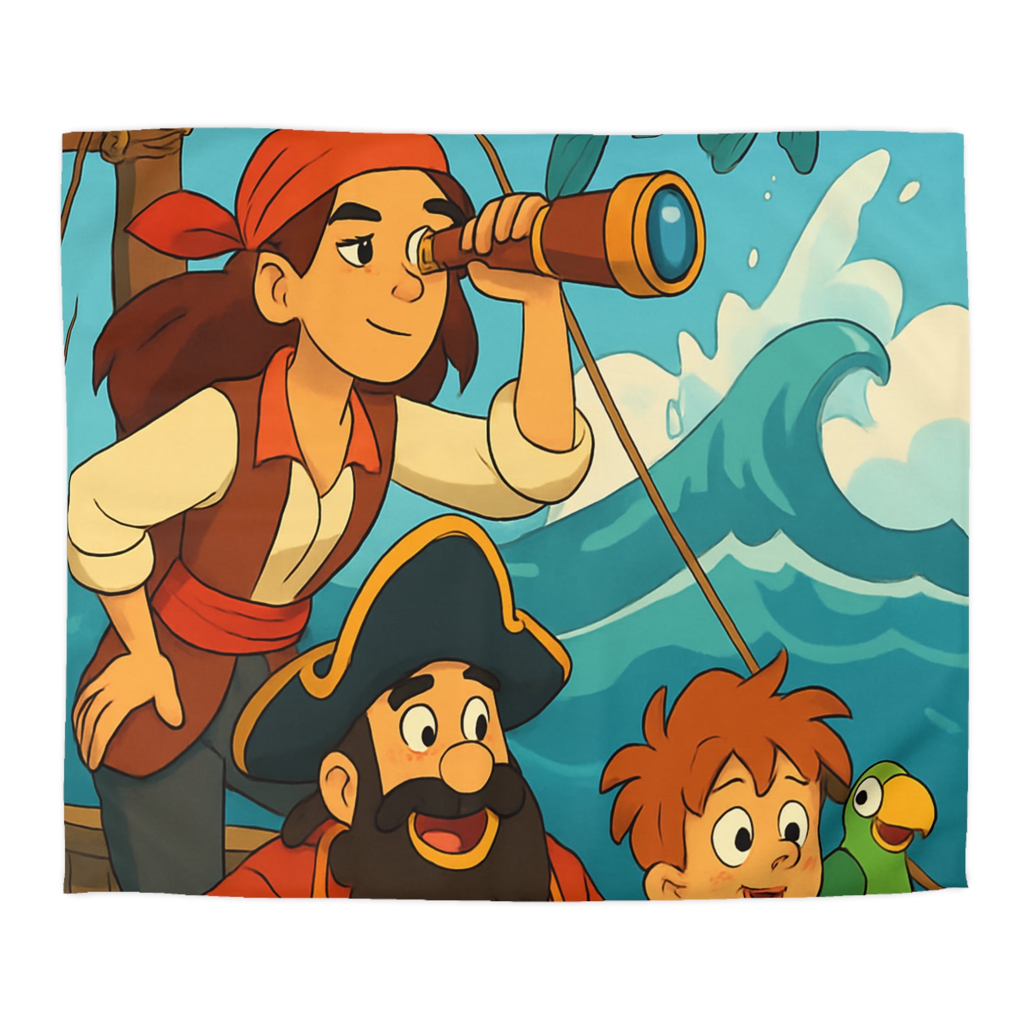 Housse de couette pirate avec poisson doré et personnages aventuriers sur l'océan