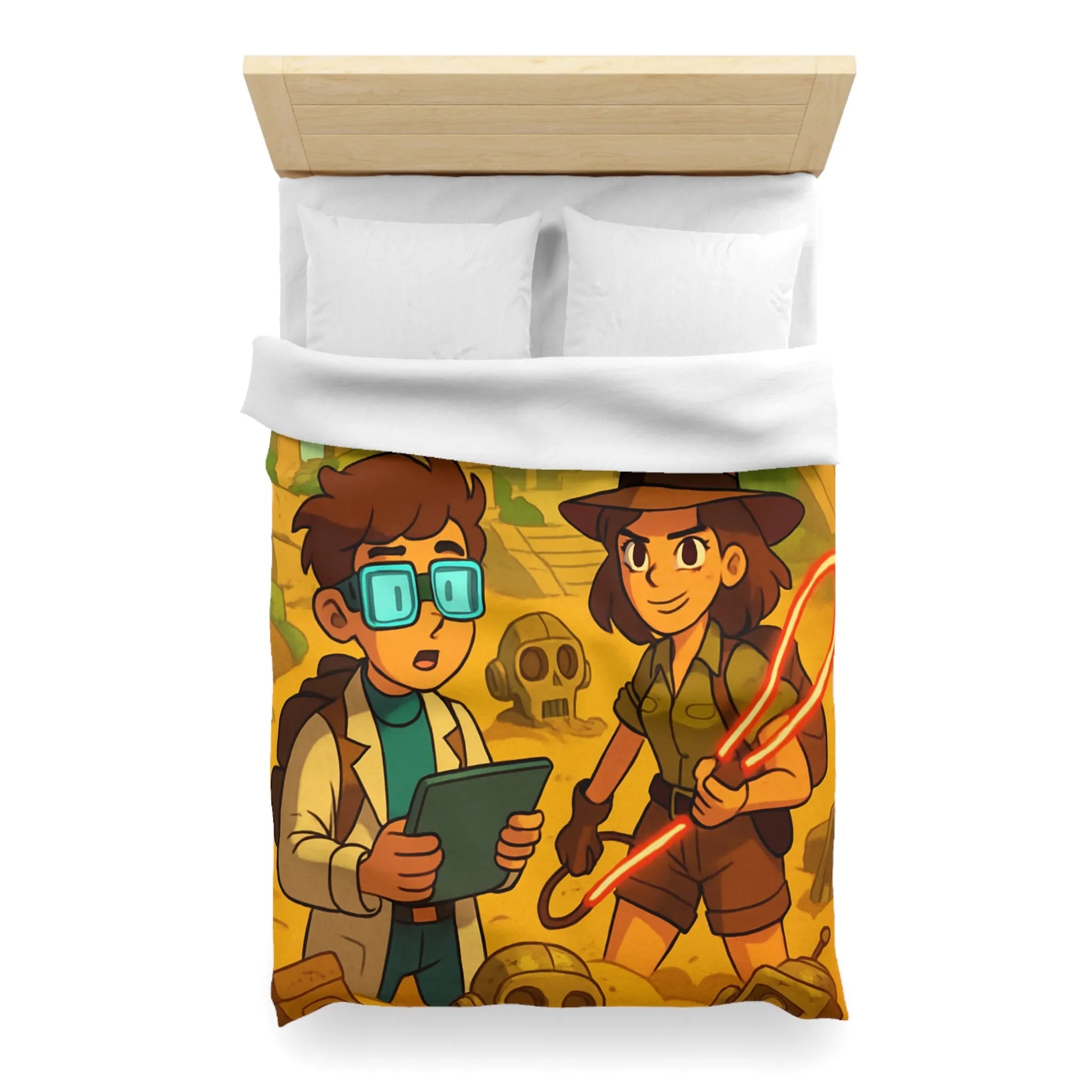 Housse de couette aventuriers explorant ruines mystérieuses en style cartoon animé coloré