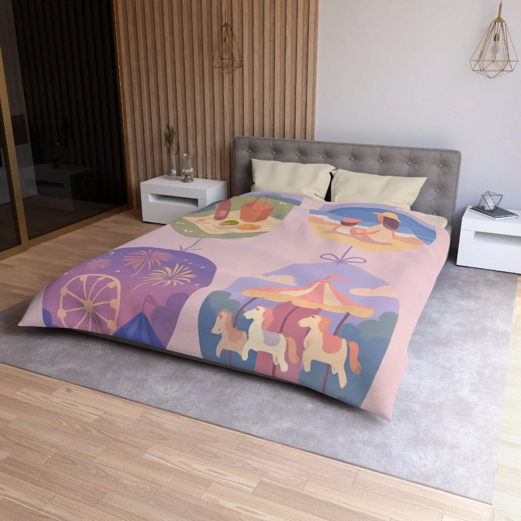 Douce Housse de Couette avec Scènes de Nature et Loisir Pastel Évoquant Sérénité