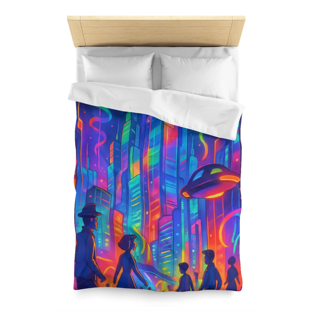 Housse de Couette Colorée Scène Urbaine Futuriste avec Illusions d'Optique Dynamiques et Vives