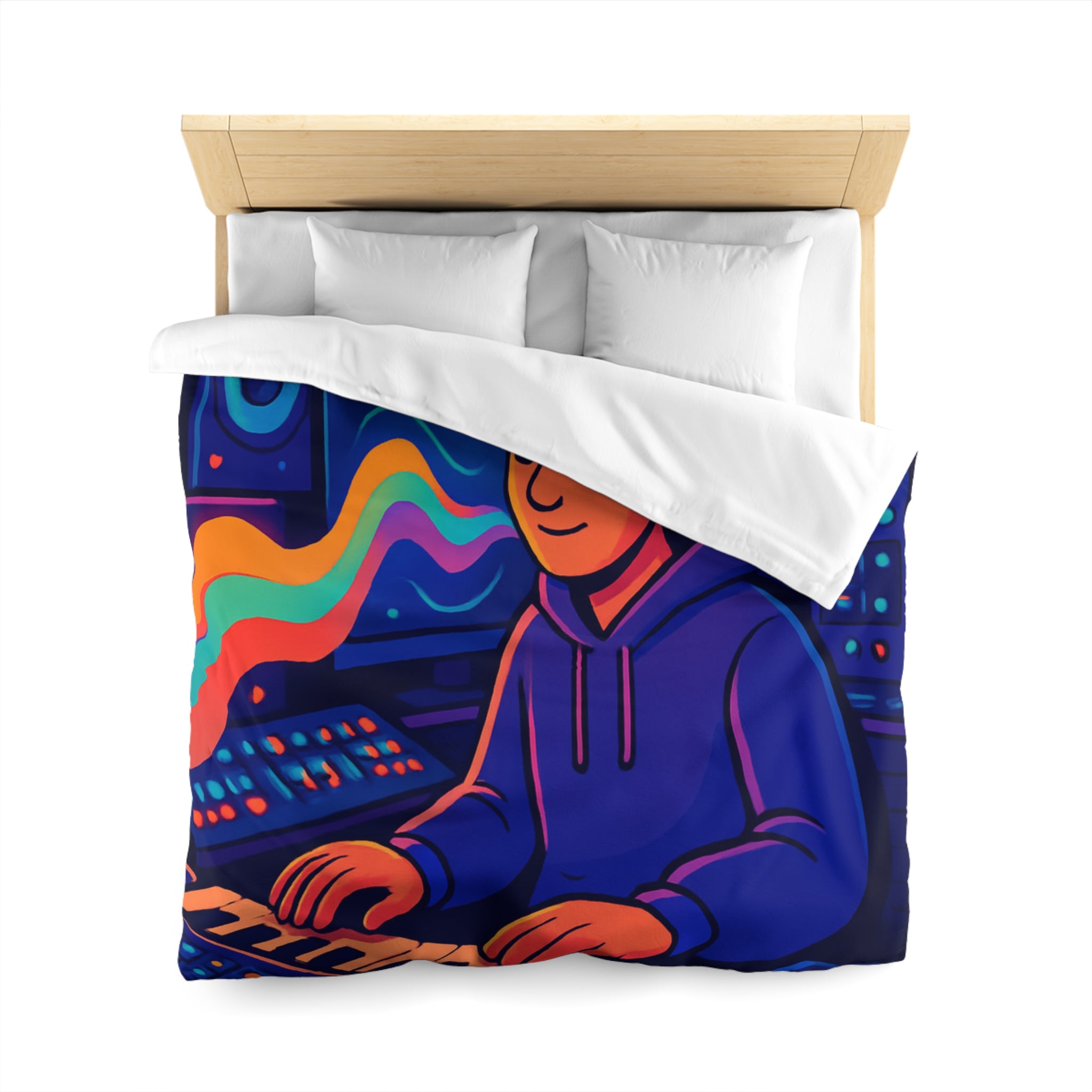 Housse de couette vibrante avec musicien dans un studio coloré et moderne