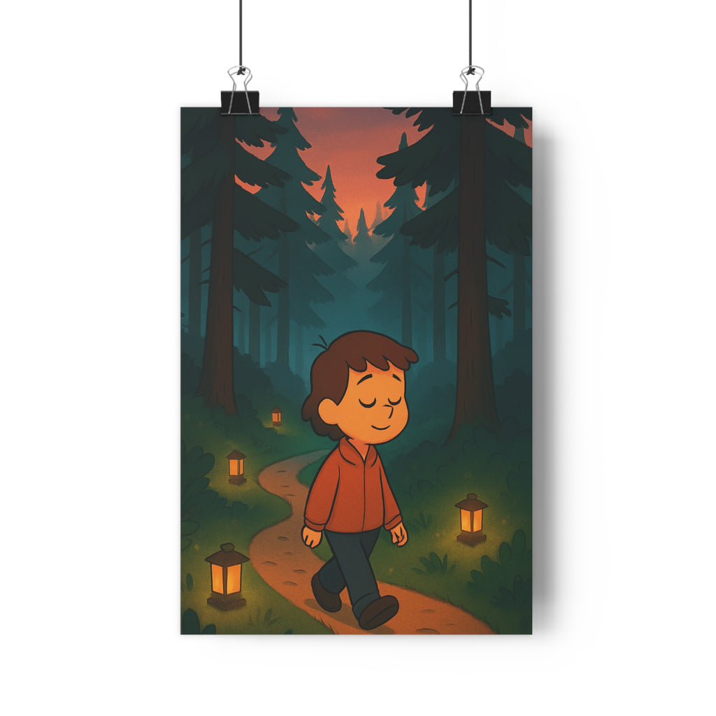 Poster décoratif cartoon enfant forêt crépuscule chambre apaisant texturé lumineux majestueux sérénité qualité premium