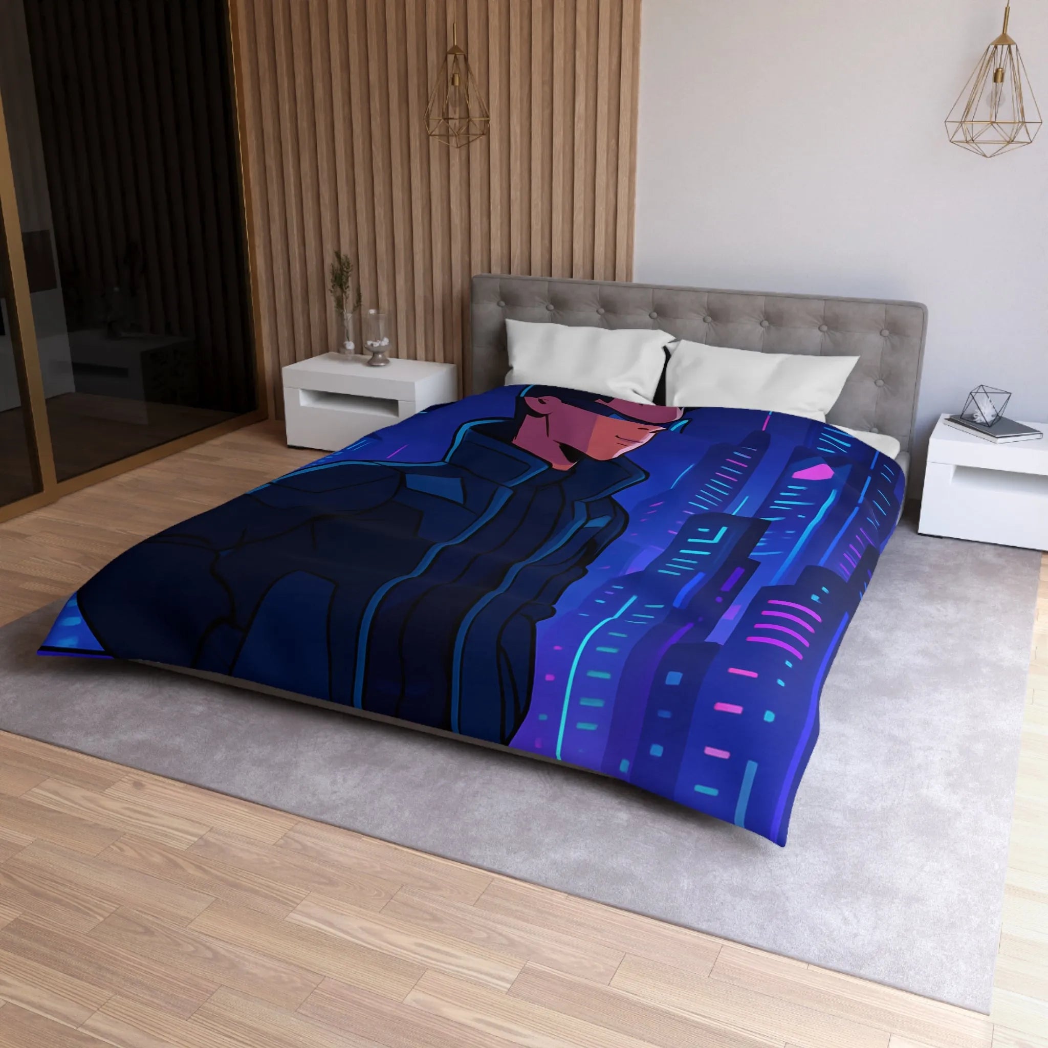 Futuriste Housse de Couette avec Ville Brillante et Homme Élégant en Lunettes