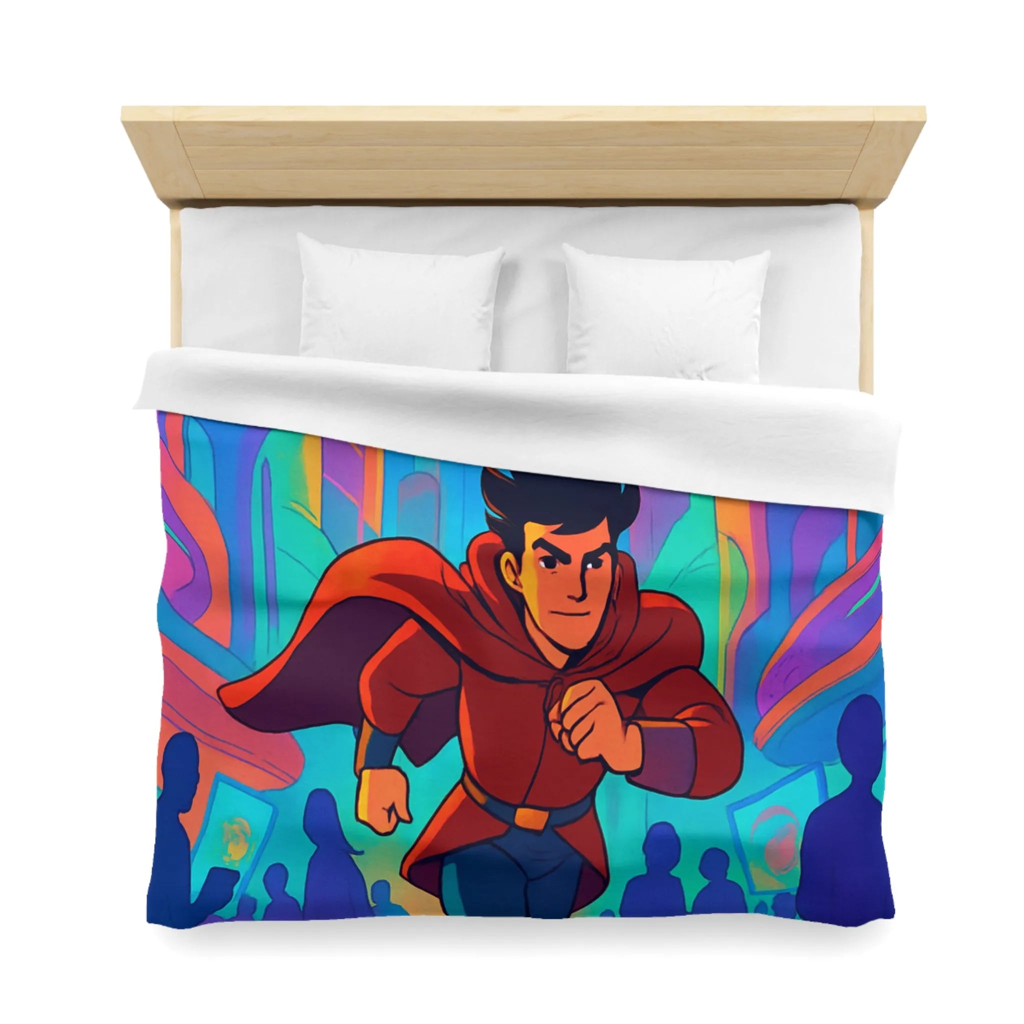 Housse de Couette avec Héros Futuriste Rouge Courant dans Ville Colorée et Dynamique