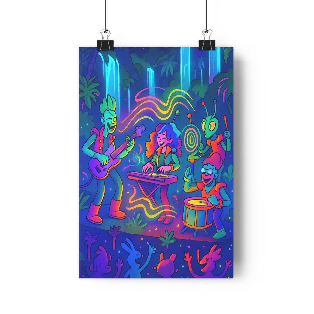 Poster décoratif futuriste animé guitare batterie vibrant joyeux bleu rose vert salon chambre qualité