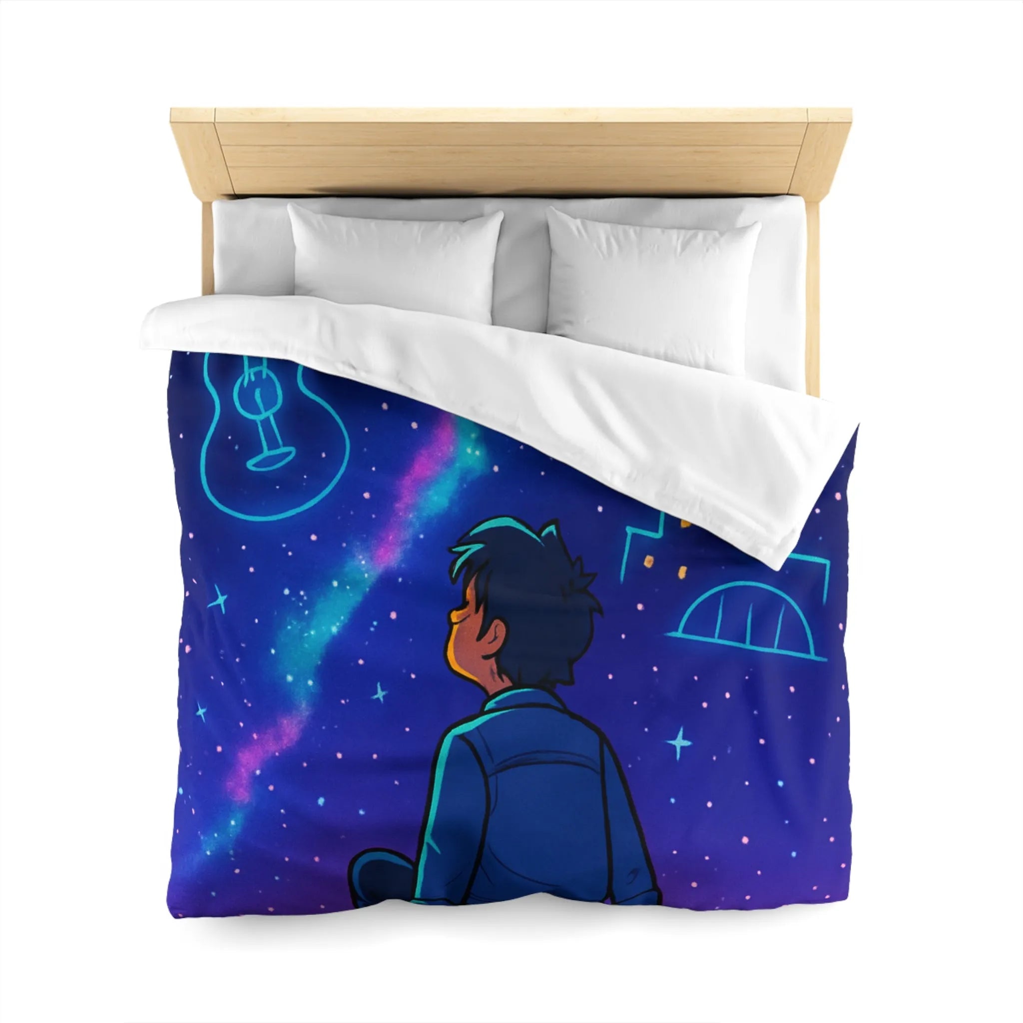 Housse de couette ciel étoilé avec rêveur contemplant silhouettes de musique et ville
