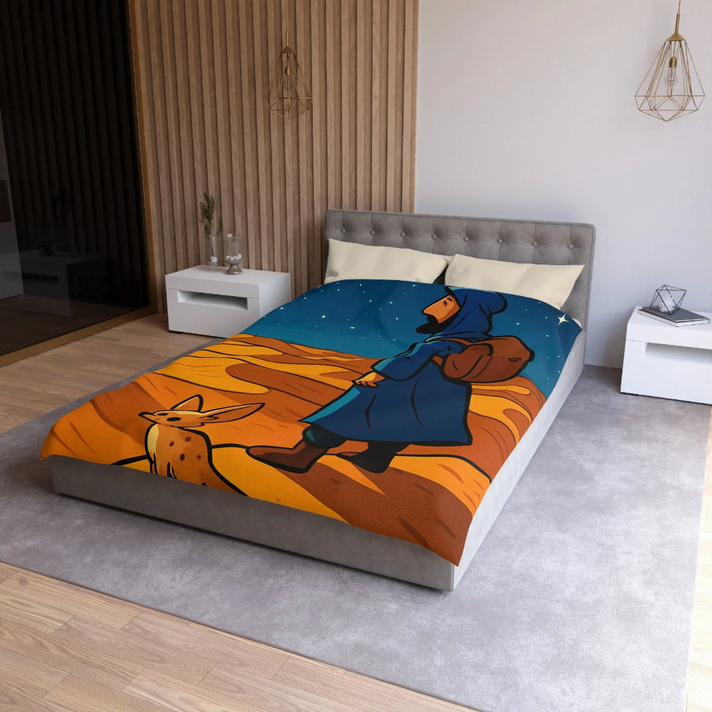 Housse de Couette Désert Nocturne Nomade Bleu Étoilé et Renard des Sables Enchanté