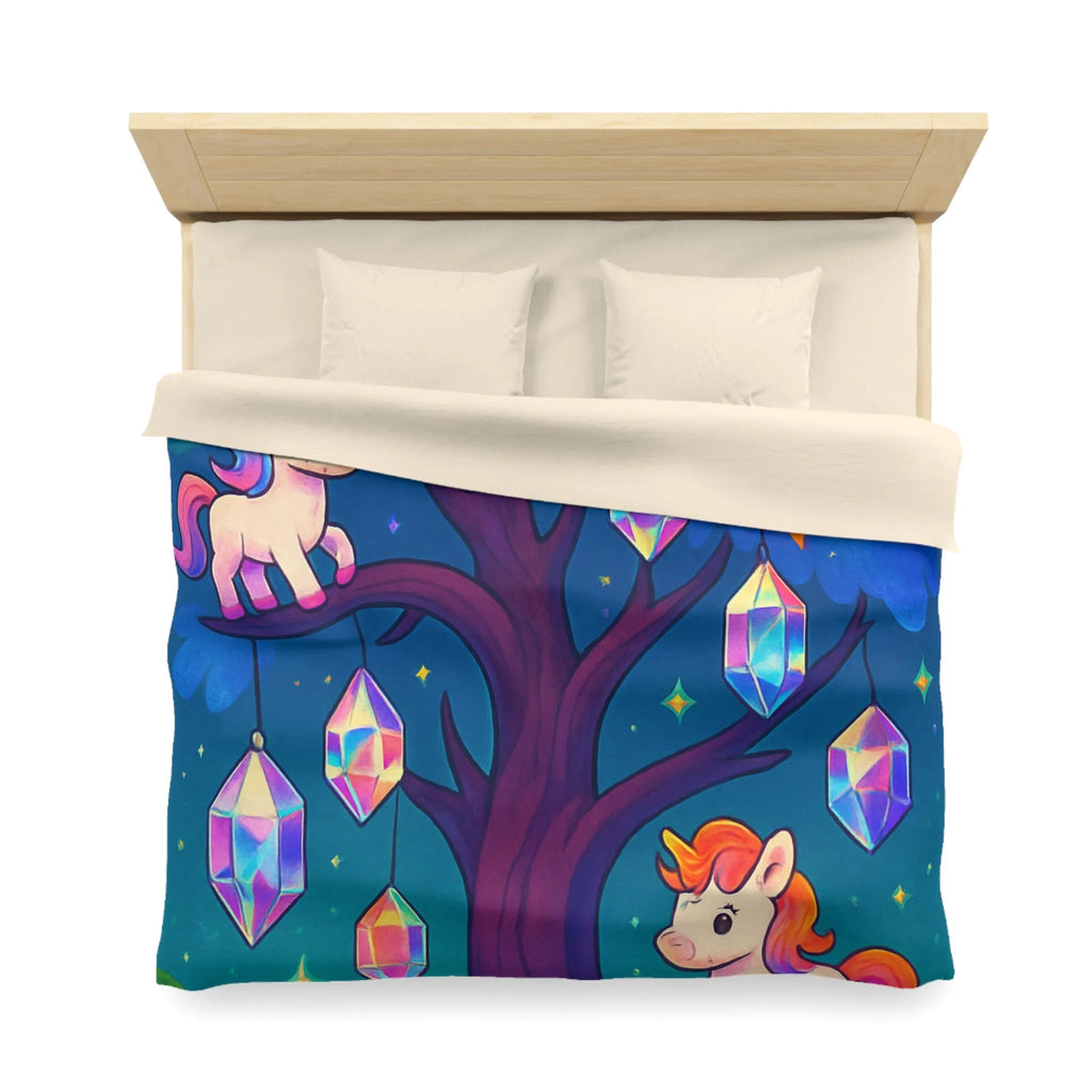 Housse de couette enfantine avec licornes, phénix, arbre magique et cristaux lumineux