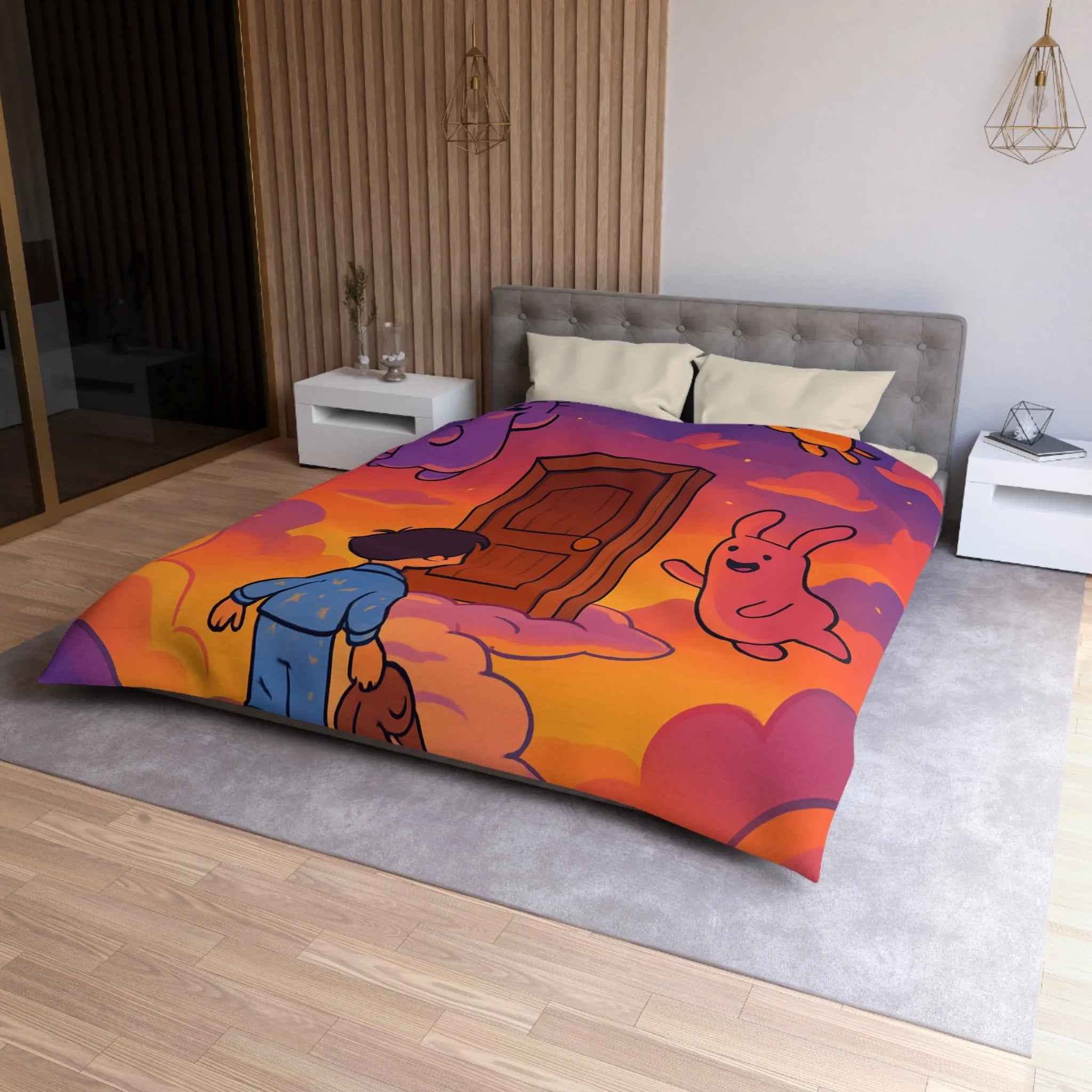 Housse de couette enfants : rêves colorés avec nuages et créatures magiques amusantes