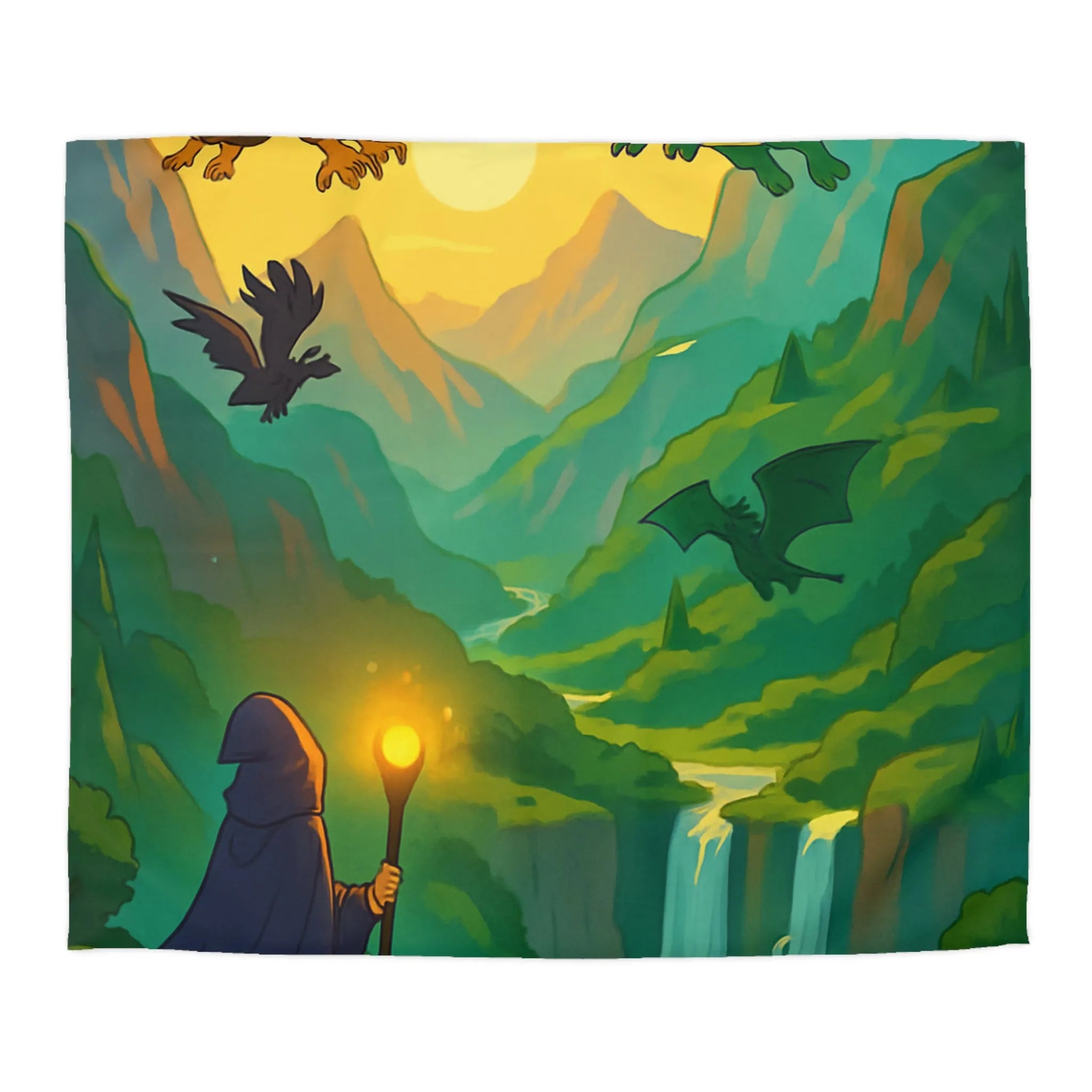 Épopée fantastique avec dragon et sorcier dans vallée mystique pour chambre aventureuse