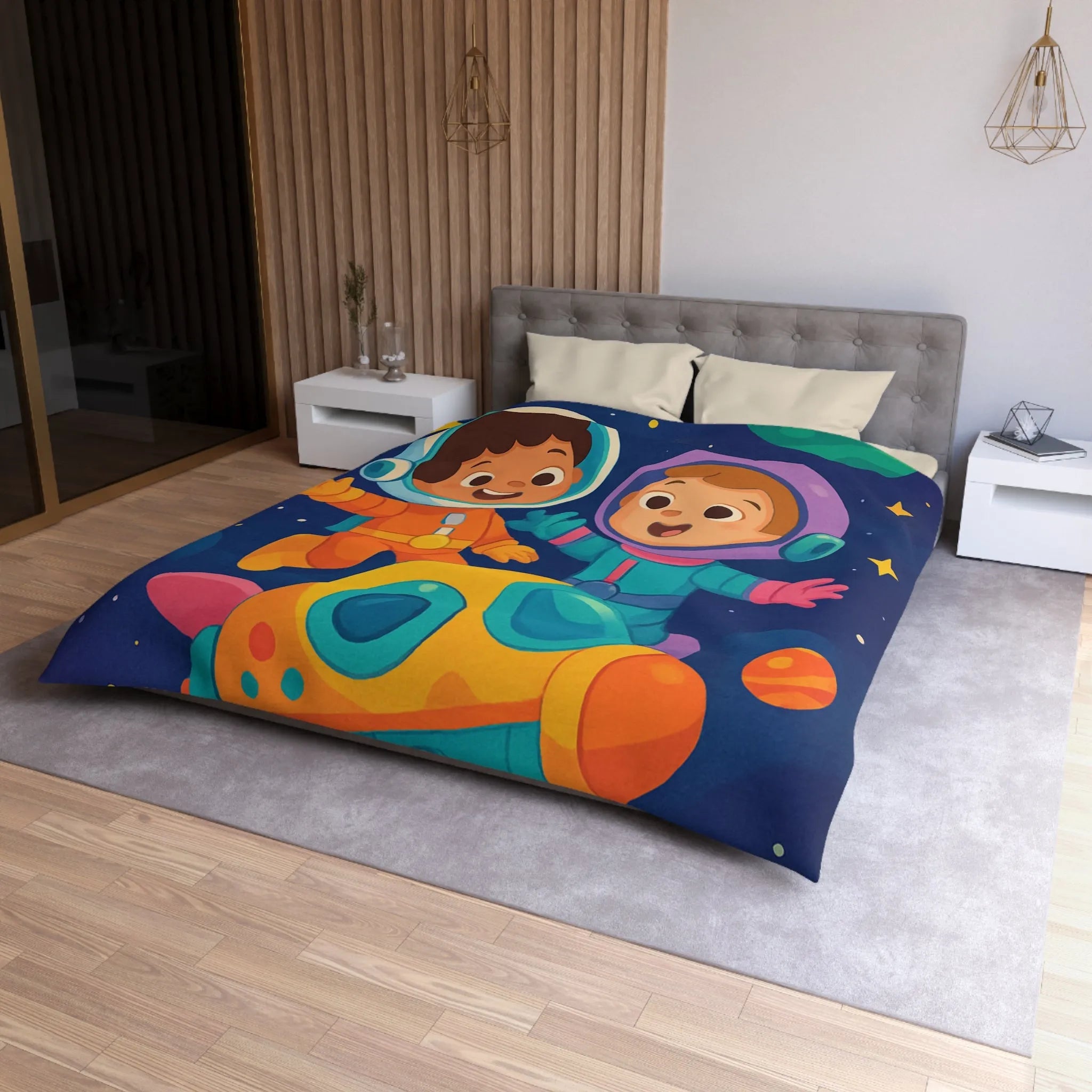 Couette Enfantine Cosmos : Enfants en Vaisseau Spatial avec Planètes et Étoiles Colorées