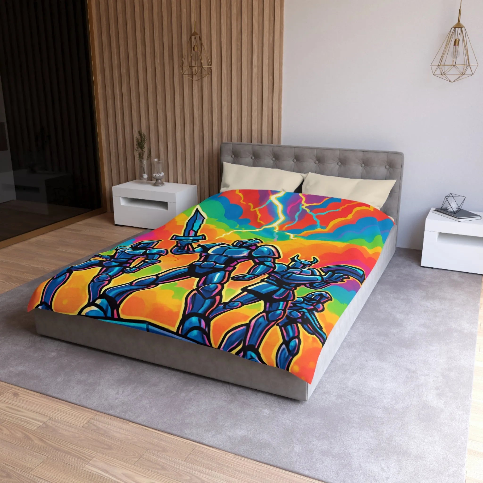 Housse de Couette Chevaliers Futuristes avec Épées et Fond Arc-En-Ciel Électrisant