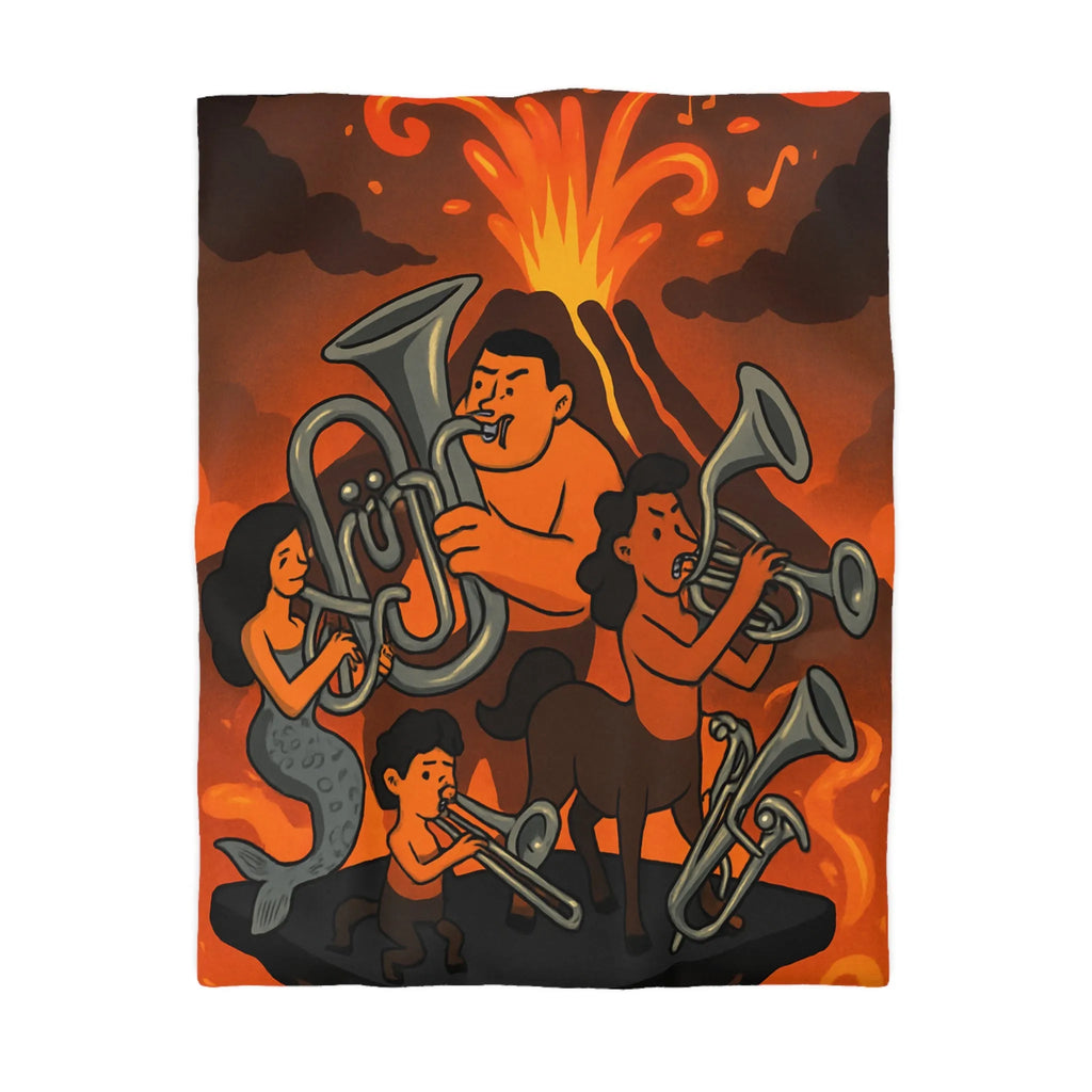 Housse de couette avec design mythique de musiciens sur fond volcanique flamboyant