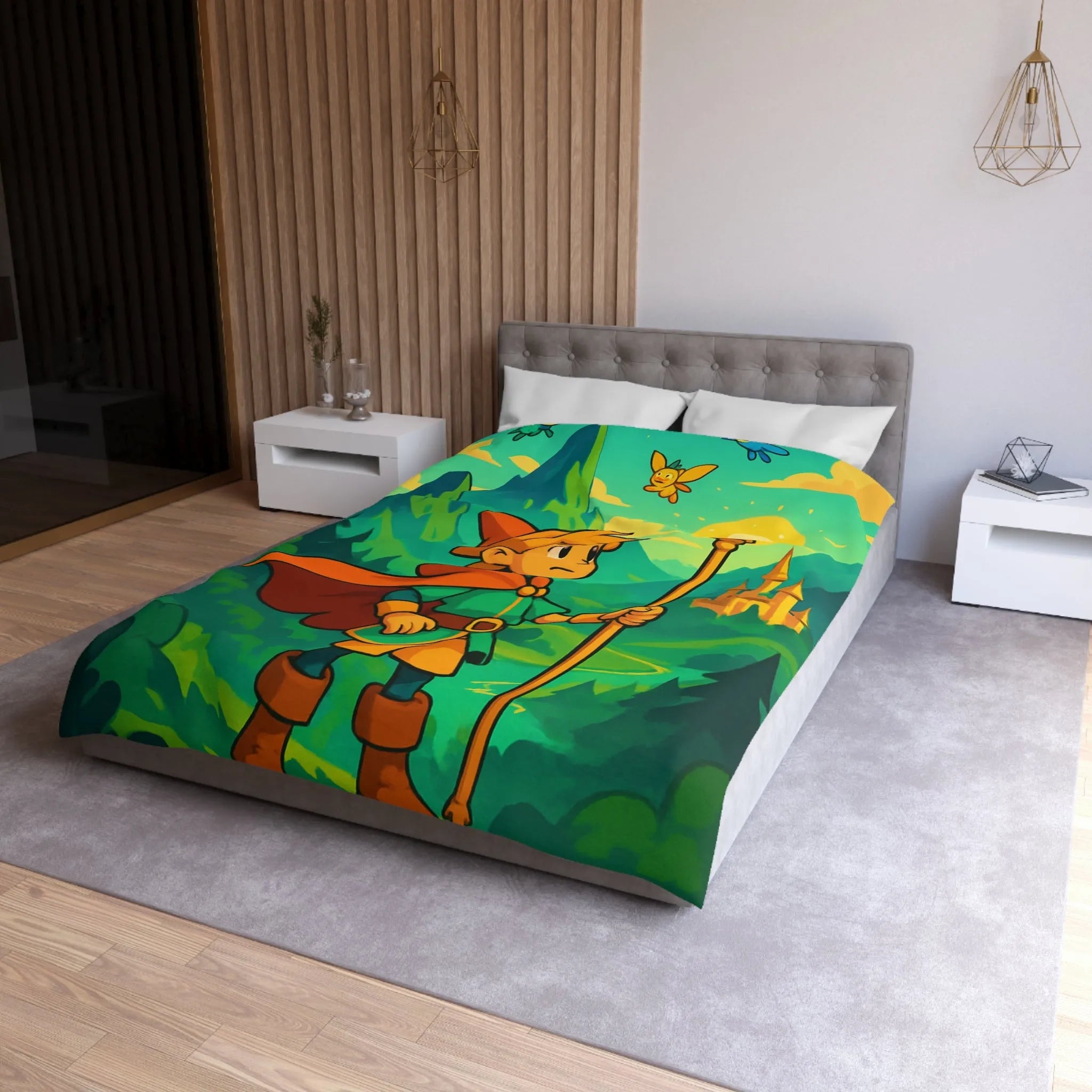 Housse de couette enfant avec illustration magique d'un explorateur et créatures mystiques