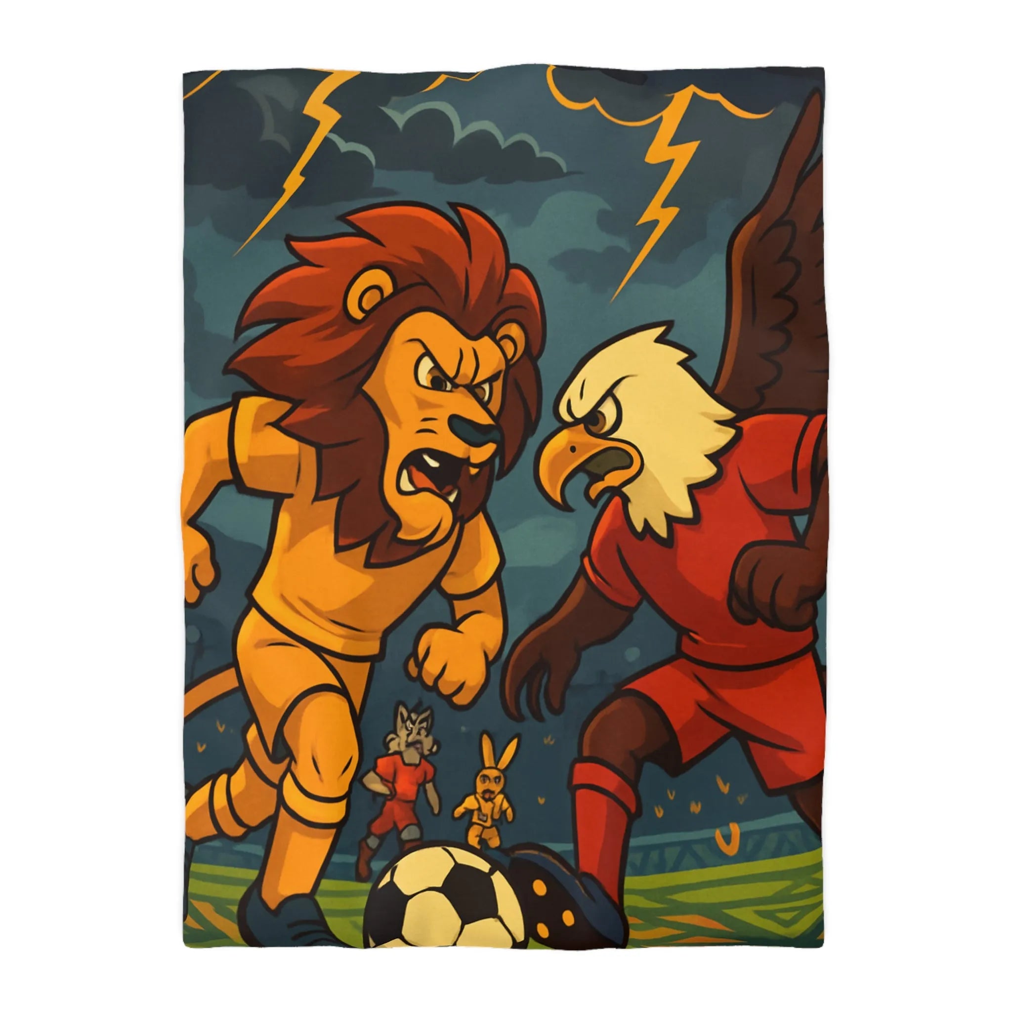 Housse de Couette Animalière avec Lion et Aigle Jouant au Football Sous Orage