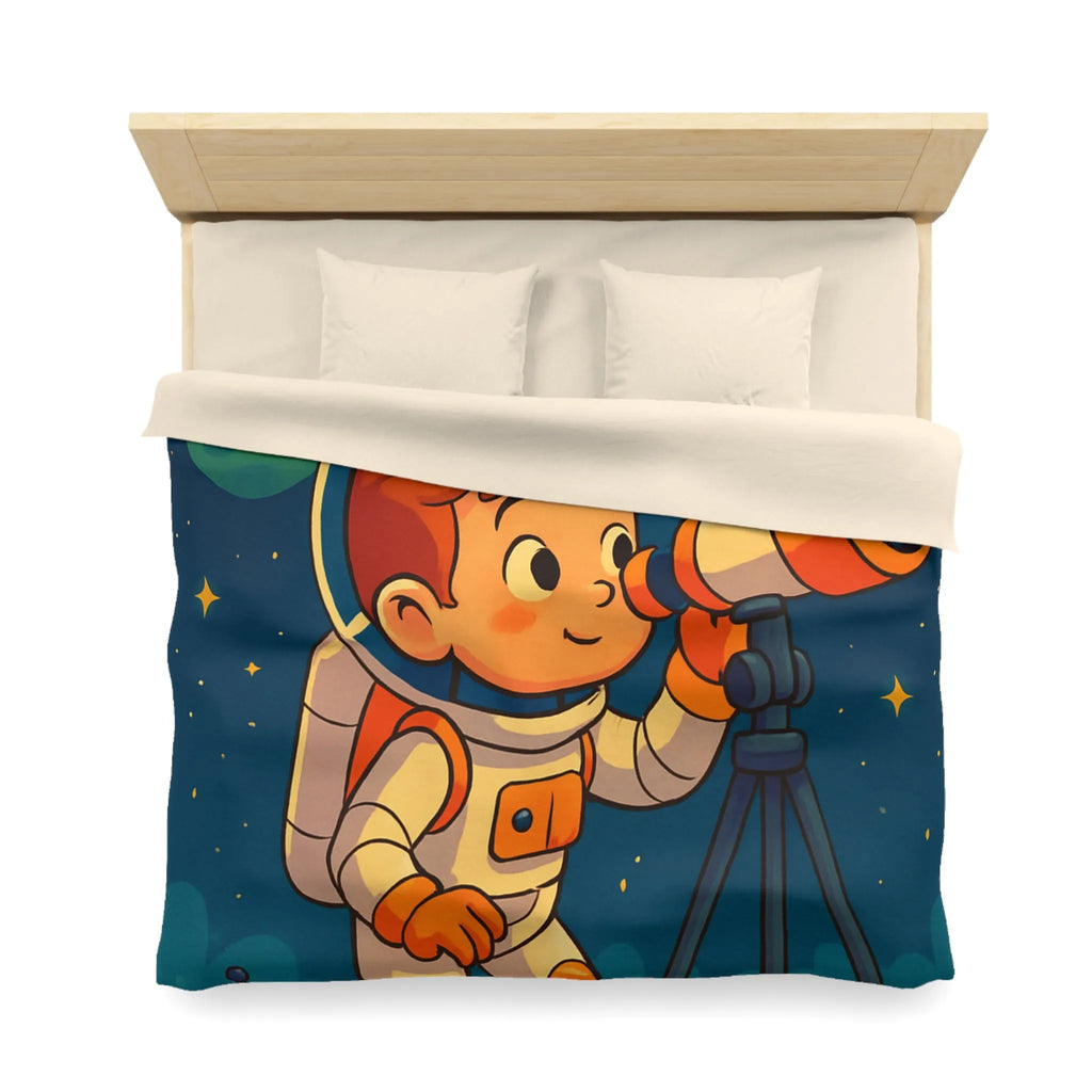 Housse couette enfant astronaute explorant planètes avec télescope carte étoilée