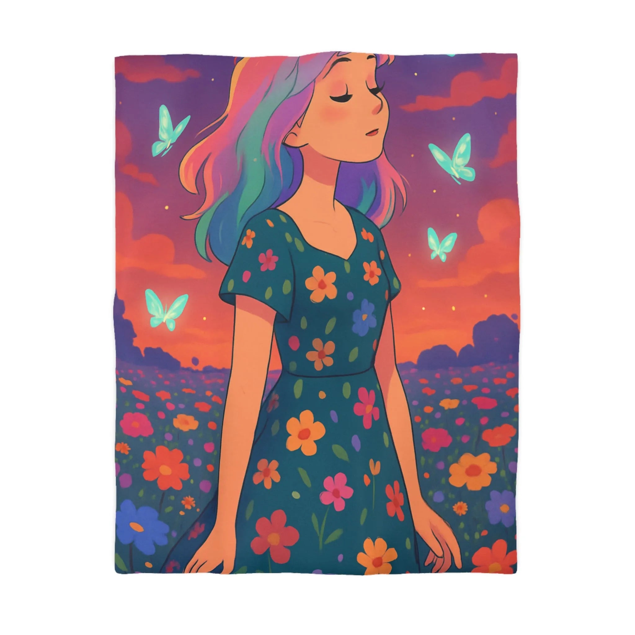 Housse de couette artistique avec fille et papillons dans champ fleuri vibrant