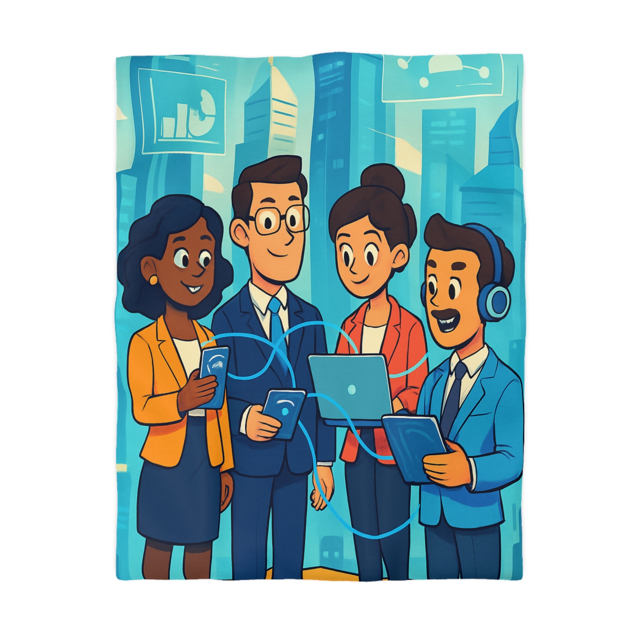 Housse de couette moderne illustrant équipe collaborative en milieu urbain technologique