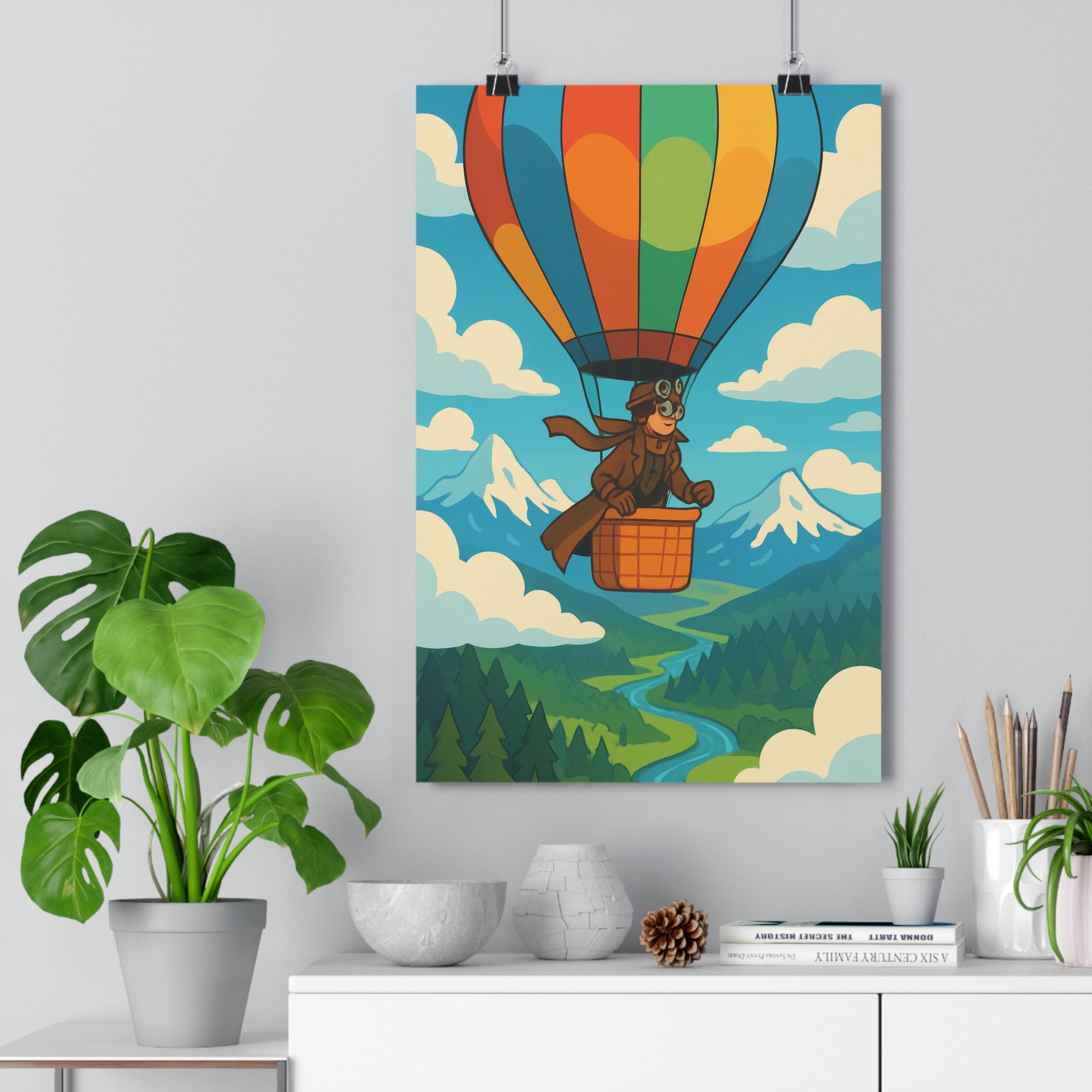 Poster décoratif aventure montgolfière colorée cartoon joyeux salon chambre apaisante montagne paysage enchanteur qualité