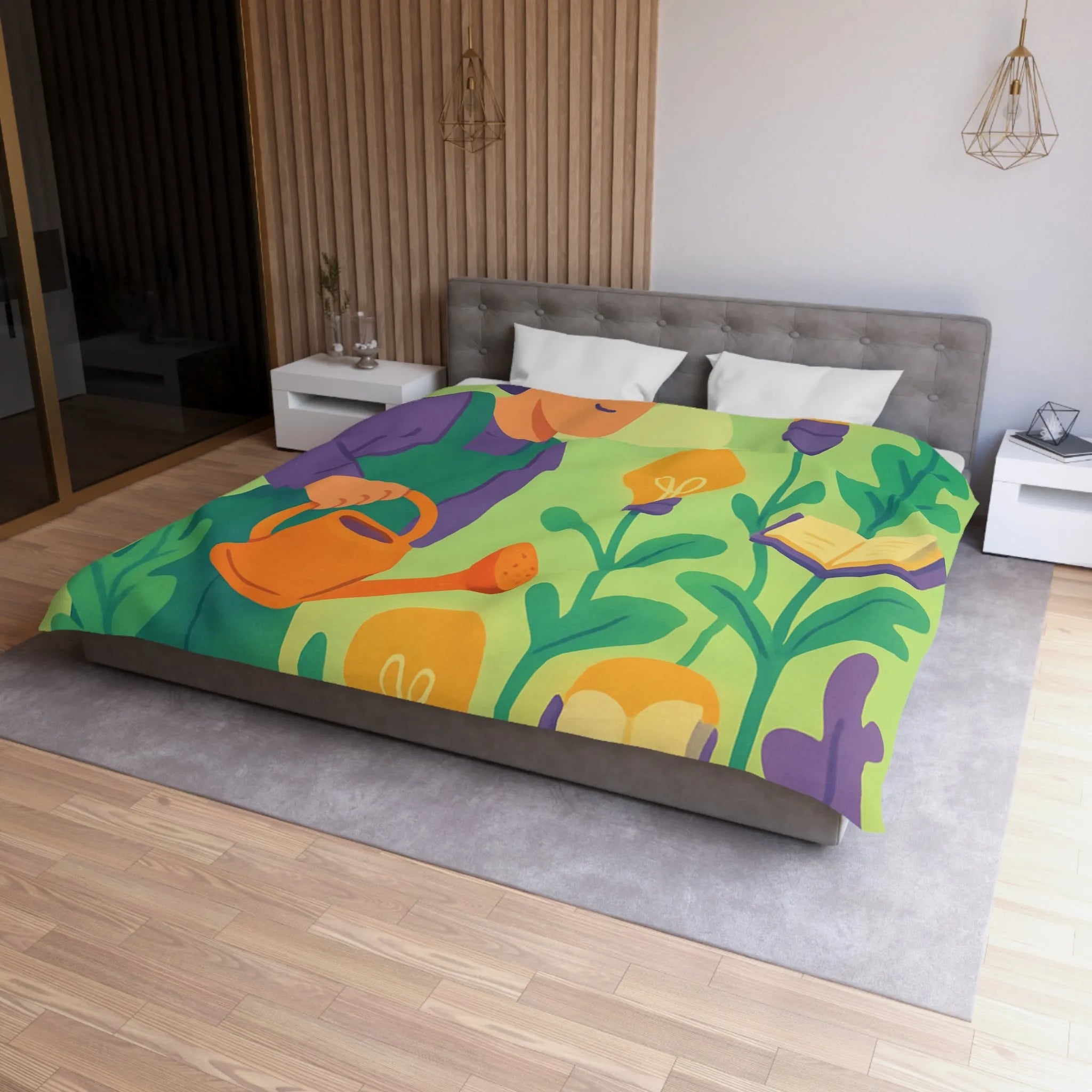 Housse de couette colorée avec jardinier arrosant plantes livres et ampoules