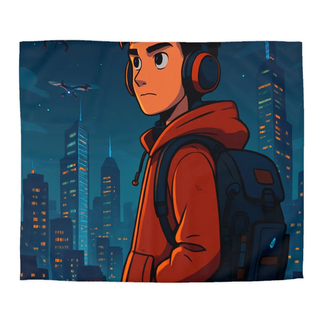 Housse de couette ado moderne nocturne avec personnage urbain et drones dans le ciel