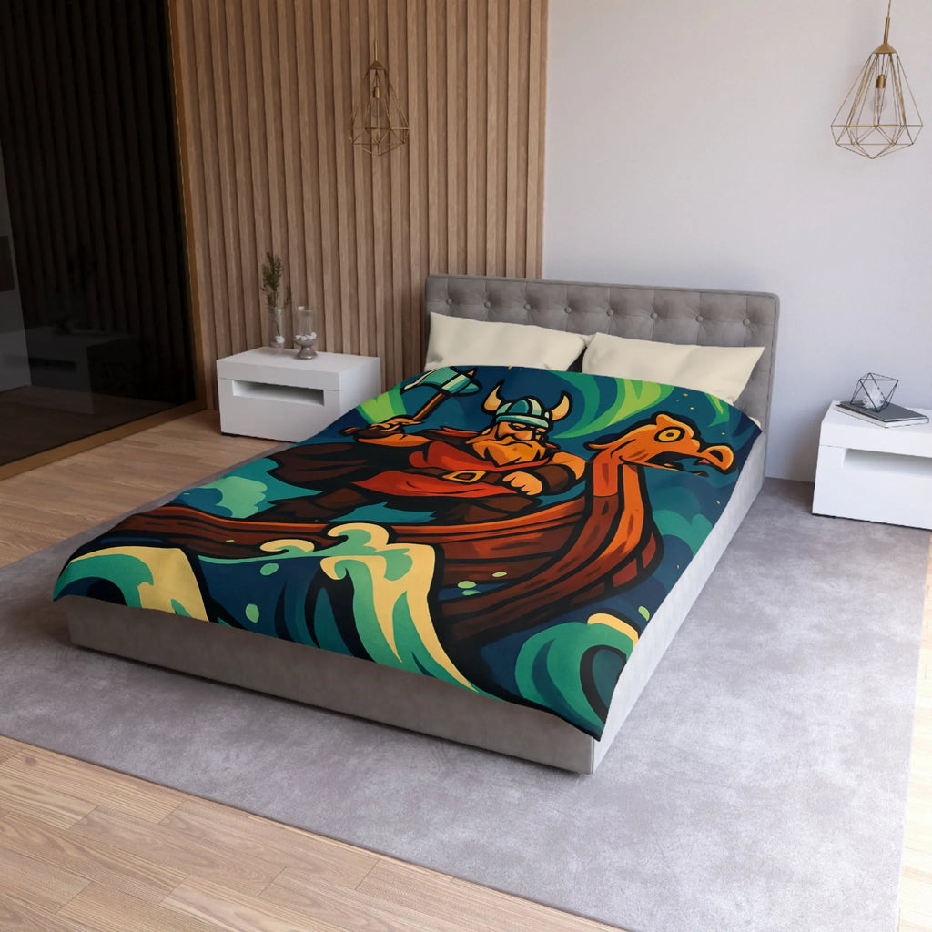 Housse de couette illustrée avec guerrier viking sur drakkar et aurores boréales