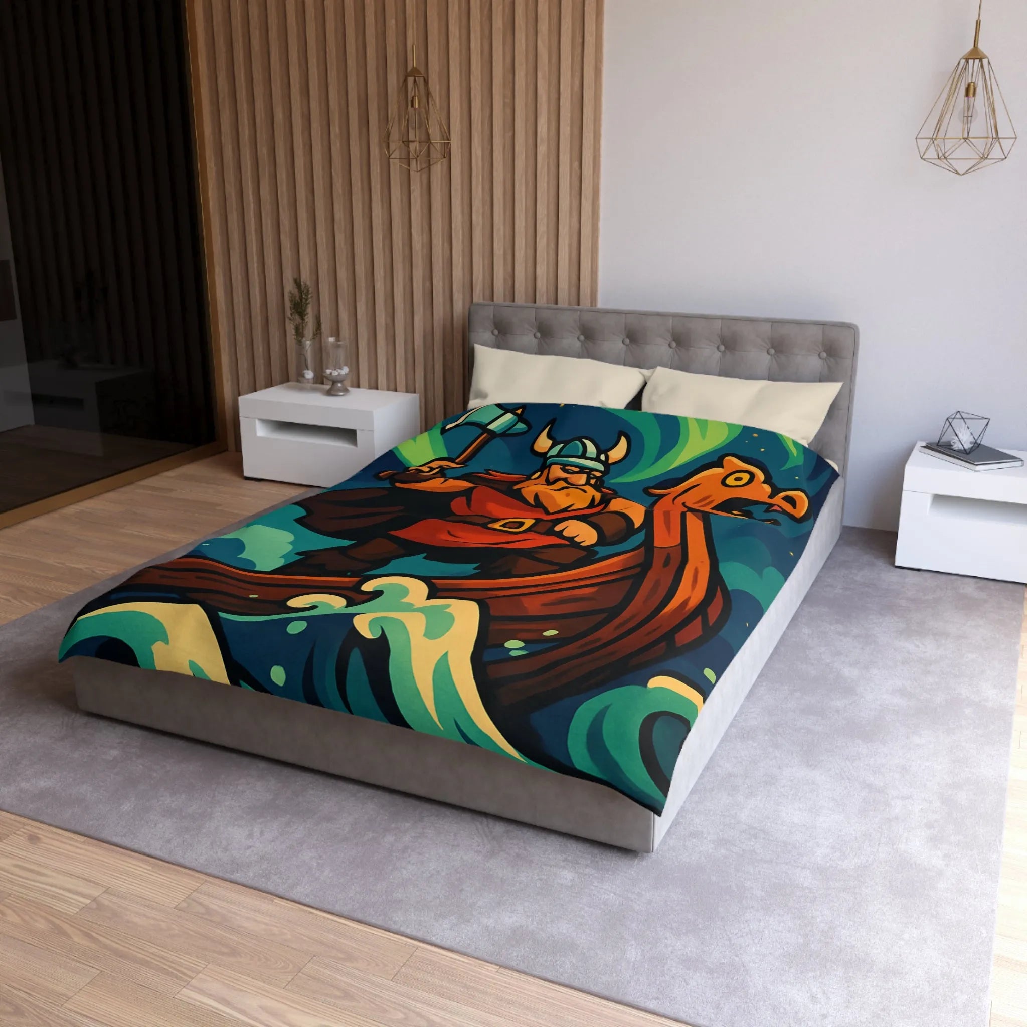 Housse de couette illustrée avec guerrier viking sur drakkar et aurores boréales