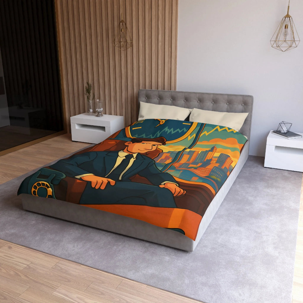 Élégante housse de couette avec homme d'affaires et horizon urbain stylisé en coucher de soleil