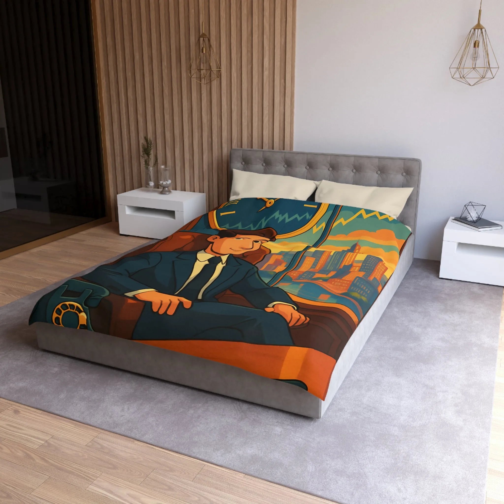 Élégante housse de couette avec homme d'affaires et horizon urbain stylisé en coucher de soleil