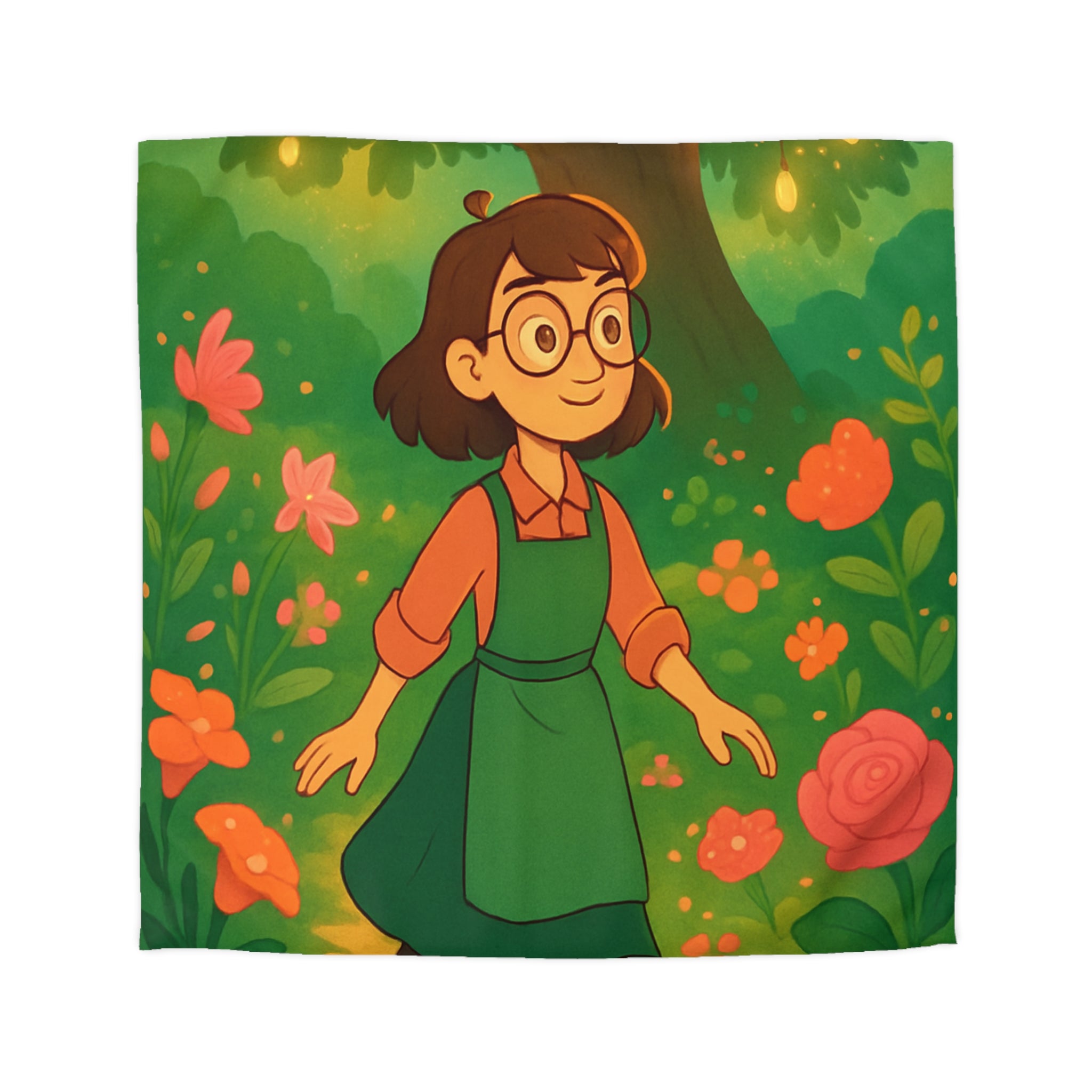 Housse de Couette Motif Pastoral Fille Promenade Fleurie Arbre Lumières Magie Enchantée