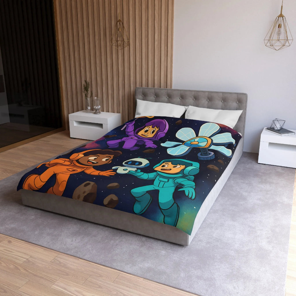 Housse de couette inspirée espace enfants, astronautes colorés, étoiles et planètes joyeuses