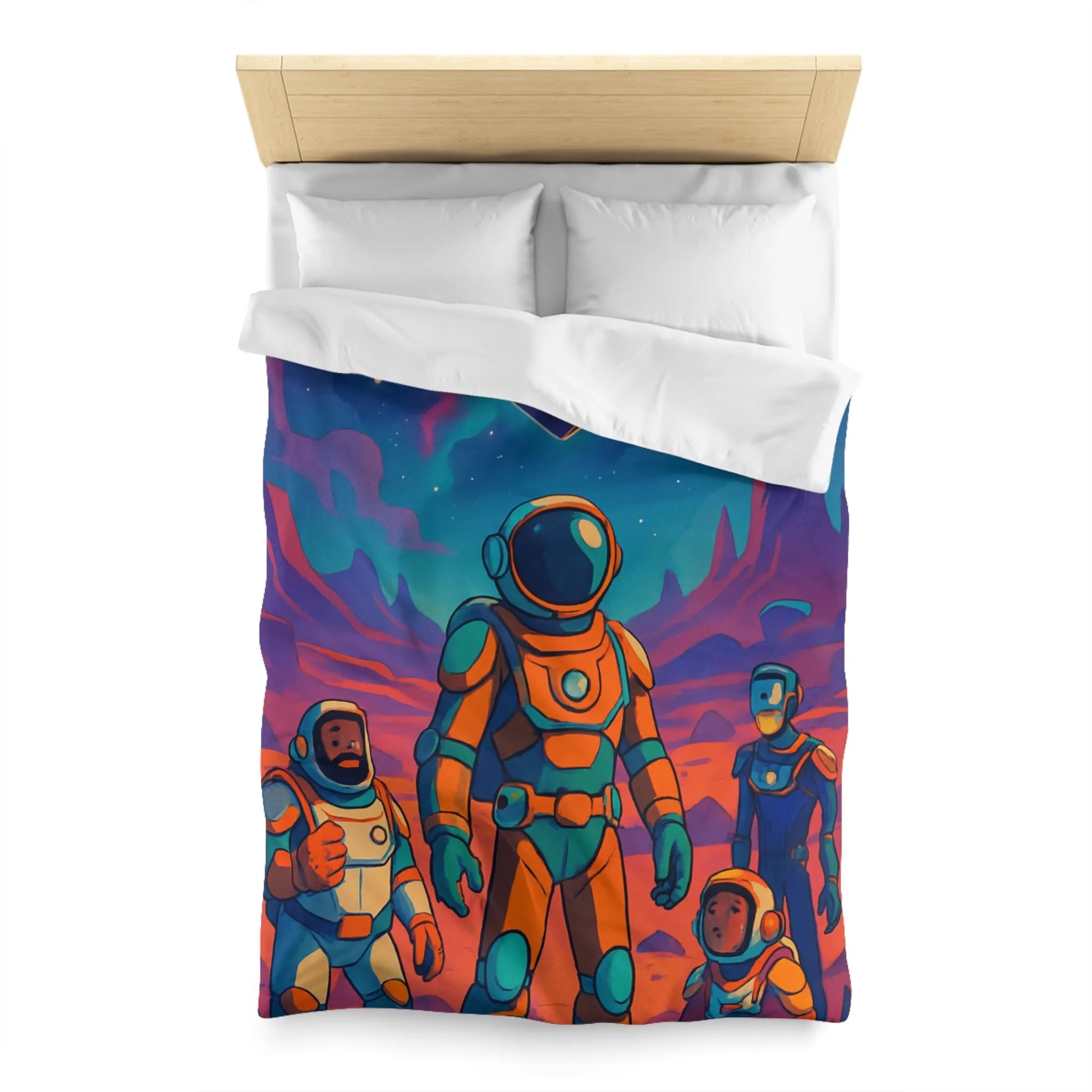 Housse de couette avec des astronautes et formes géométriques sous ciel étoilé coloré