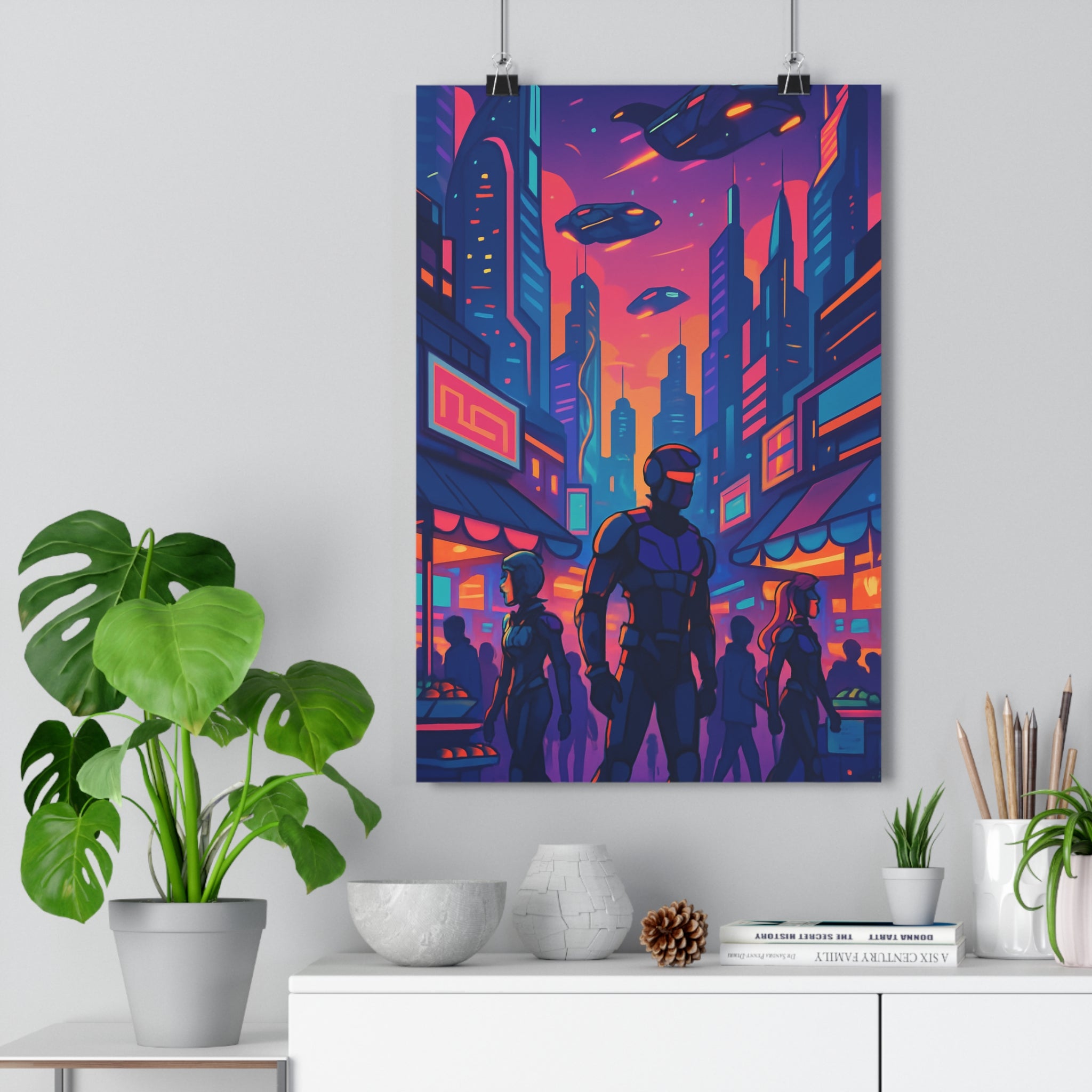 Poster décoratif cyberpunk vibrant violet orange salon chambre futuriste dynamique captivant néons immersif urbain