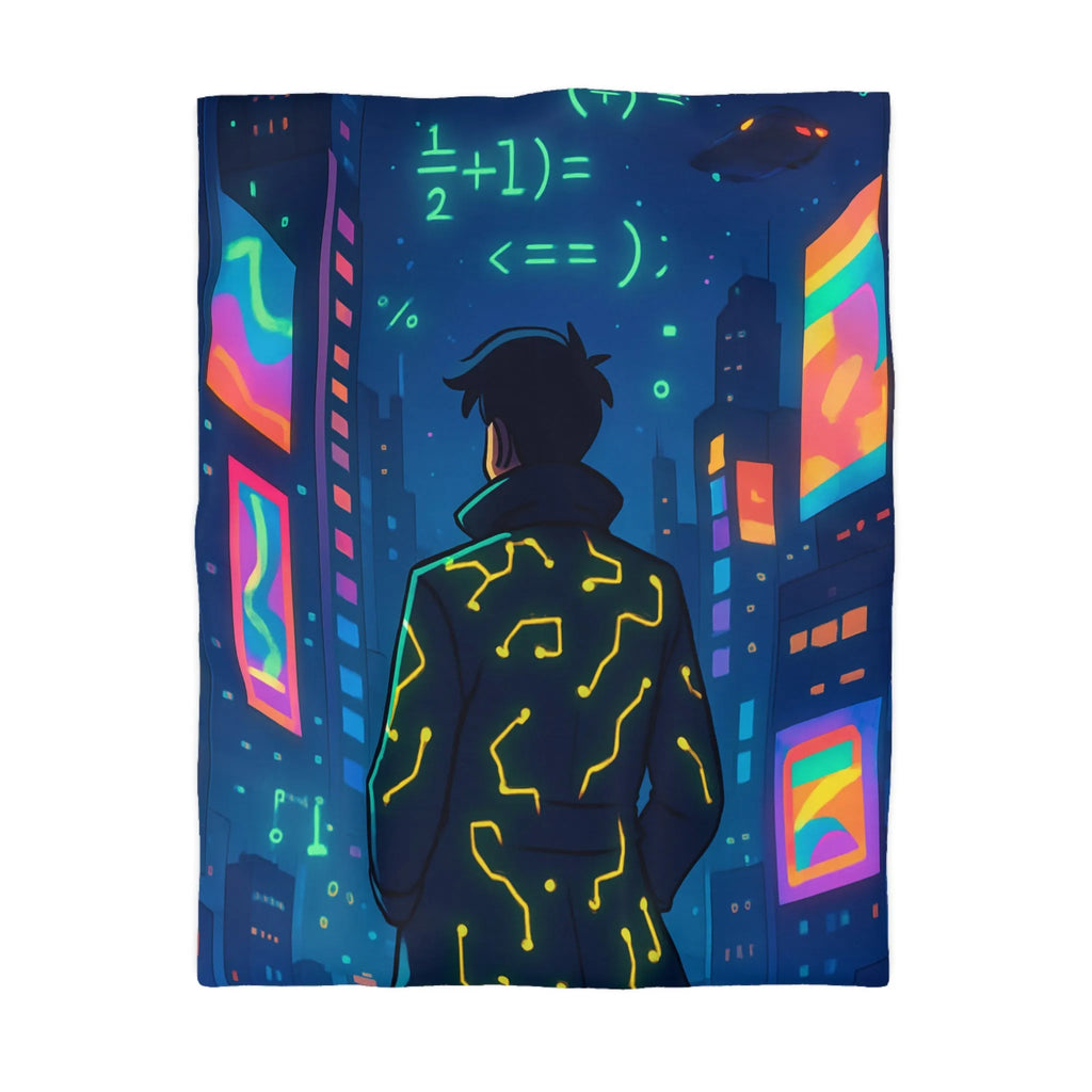 Housse de couette futuriste avec affichage numérique néon dans une ville cyberpunk