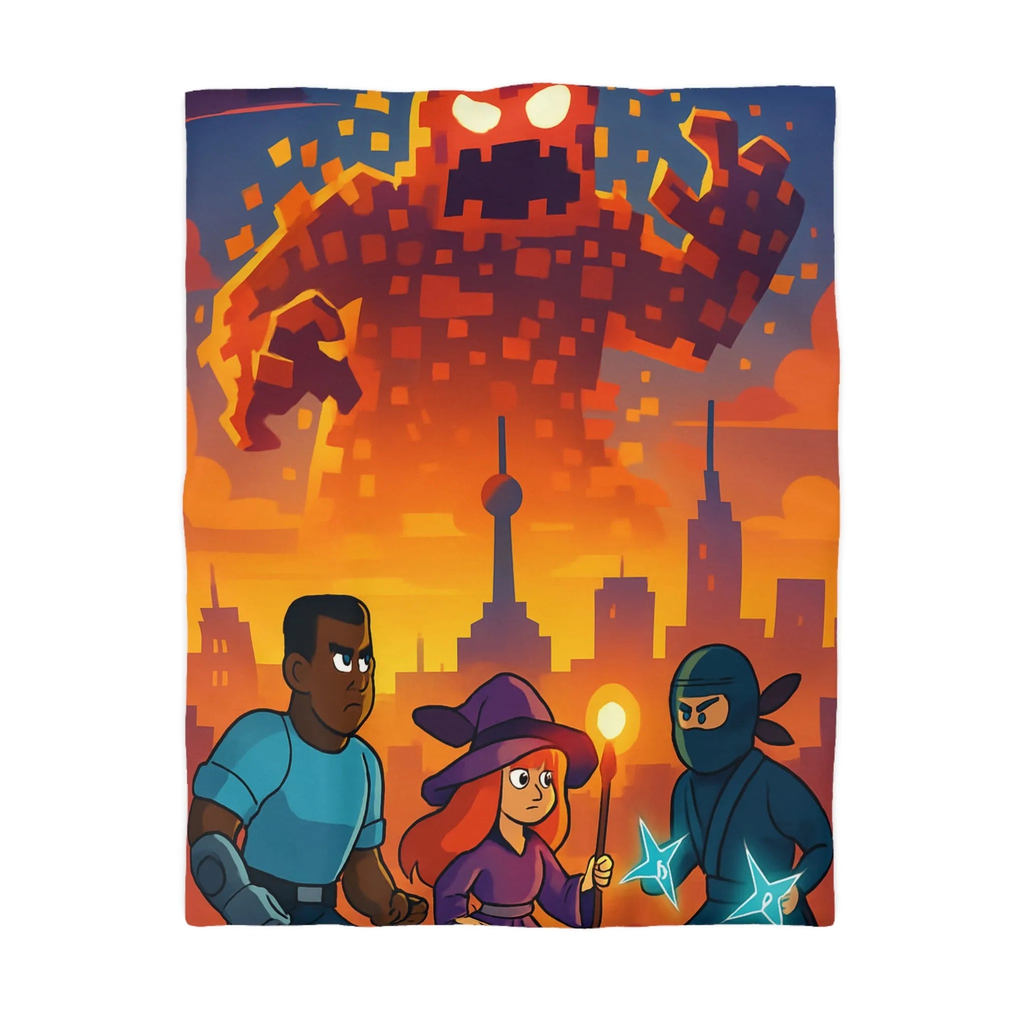 Housse de Couette Fantaisie : Héros Urbains Face à un Colosse Pixelisé Orange