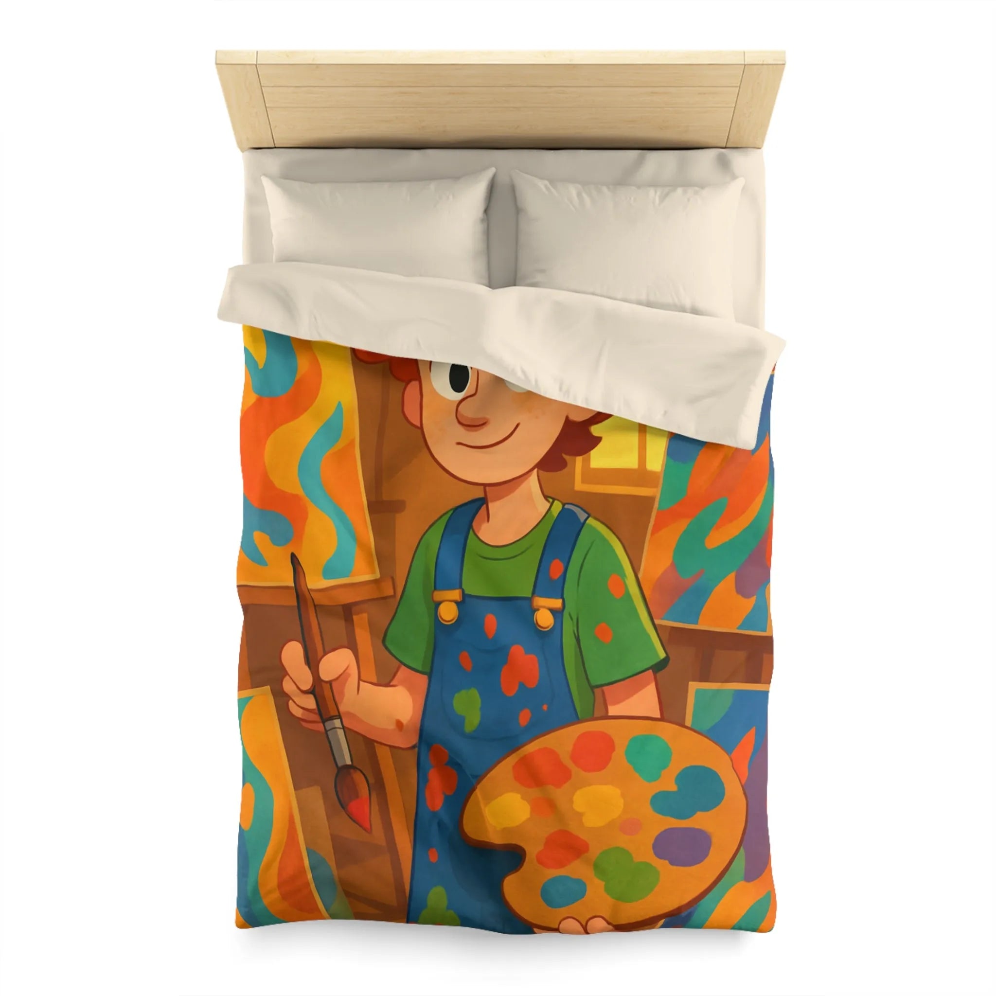 Housse de couette artistique colorée avec jeune peintre joyeux et œuvres vibrantes