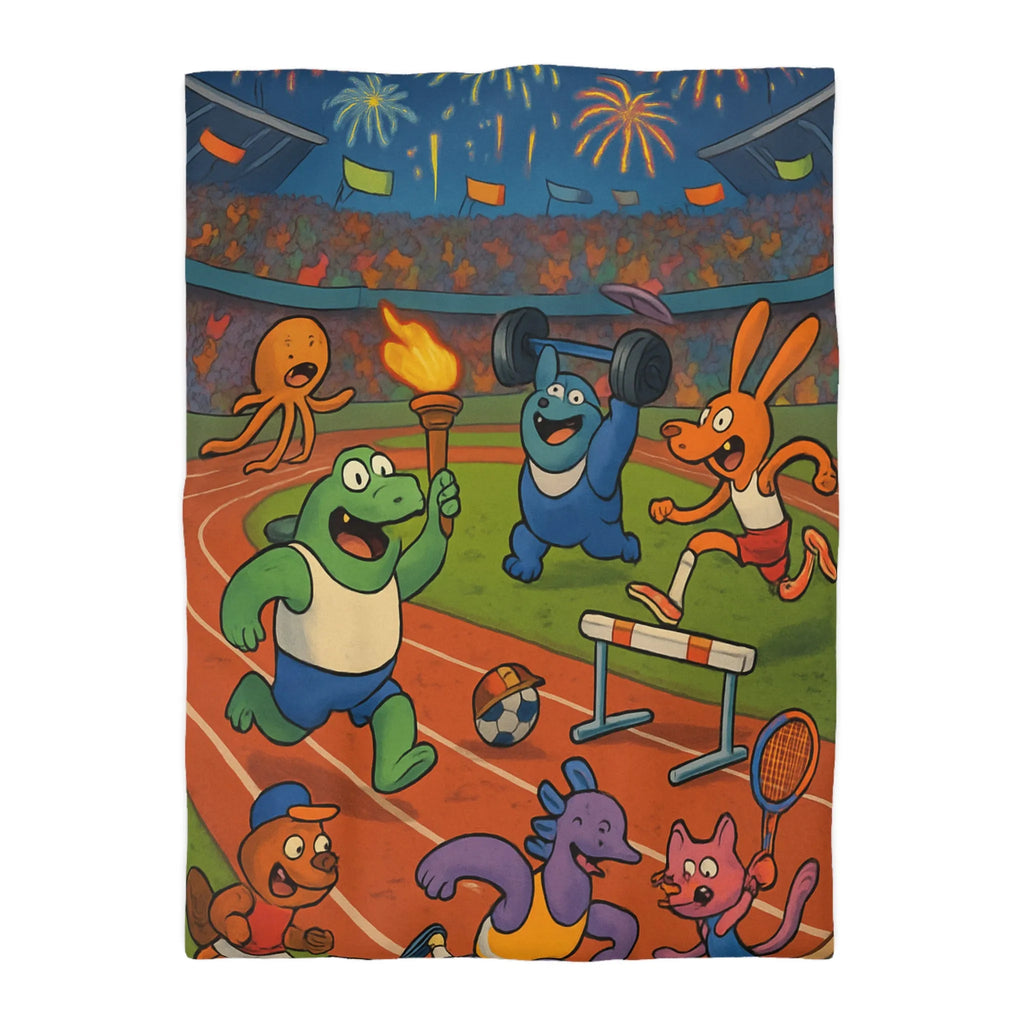 Housse de couette colorée avec animaux sportifs célébrant sous feux d'artifice nocturnes