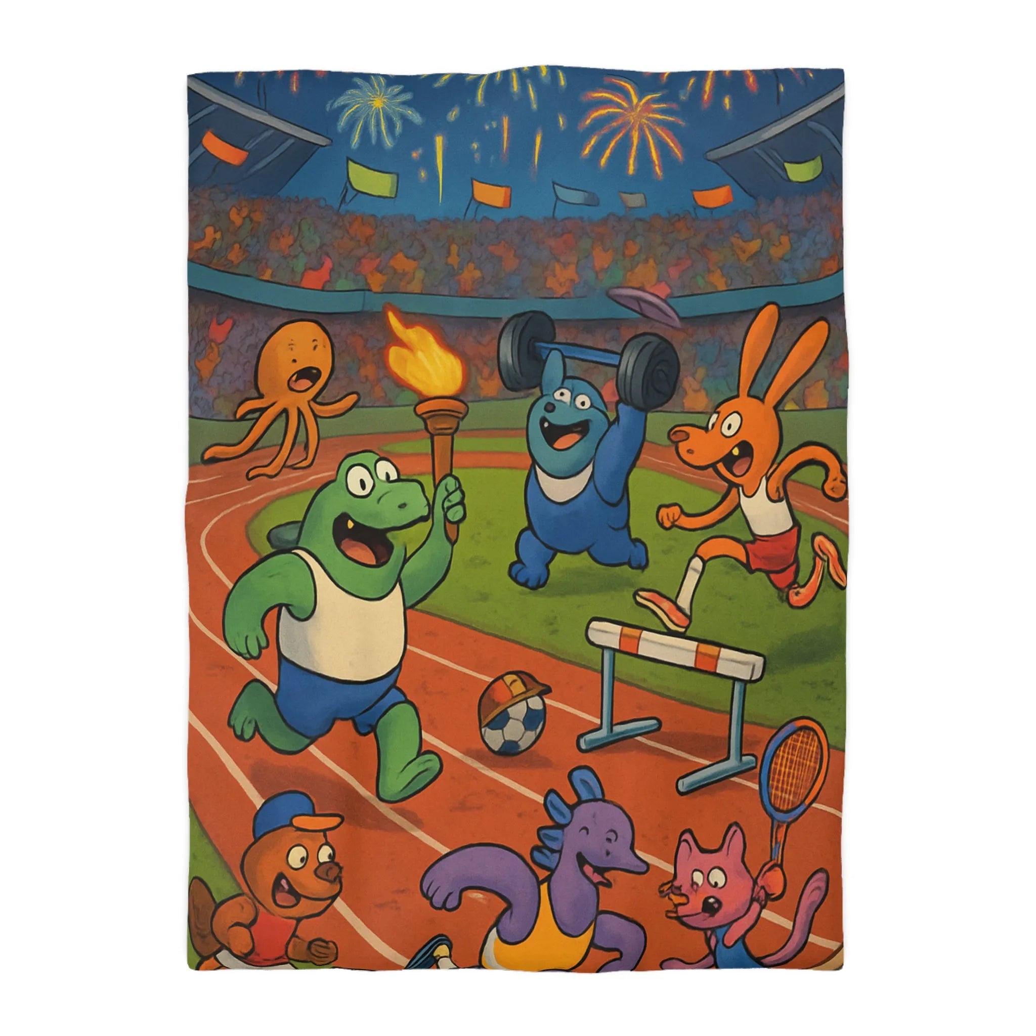 Housse de couette colorée avec animaux sportifs célébrant sous feux d'artifice nocturnes