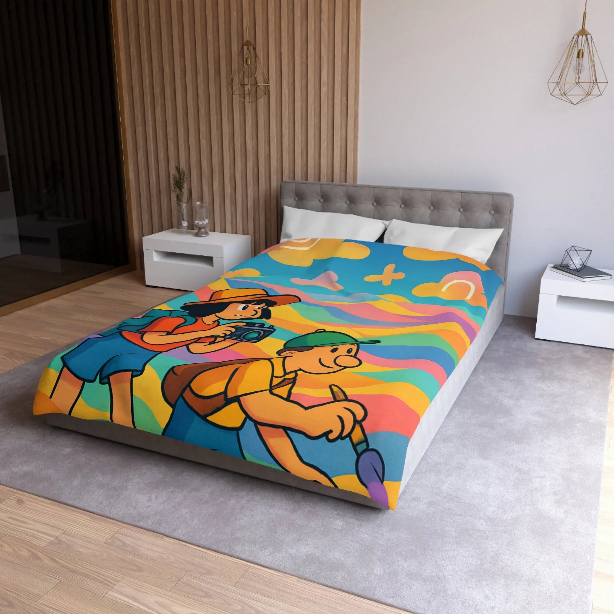 Housse de Couette Enfant avec Effet Arc-en-ciel et Motifs Oniriques Pleins de Couleurs