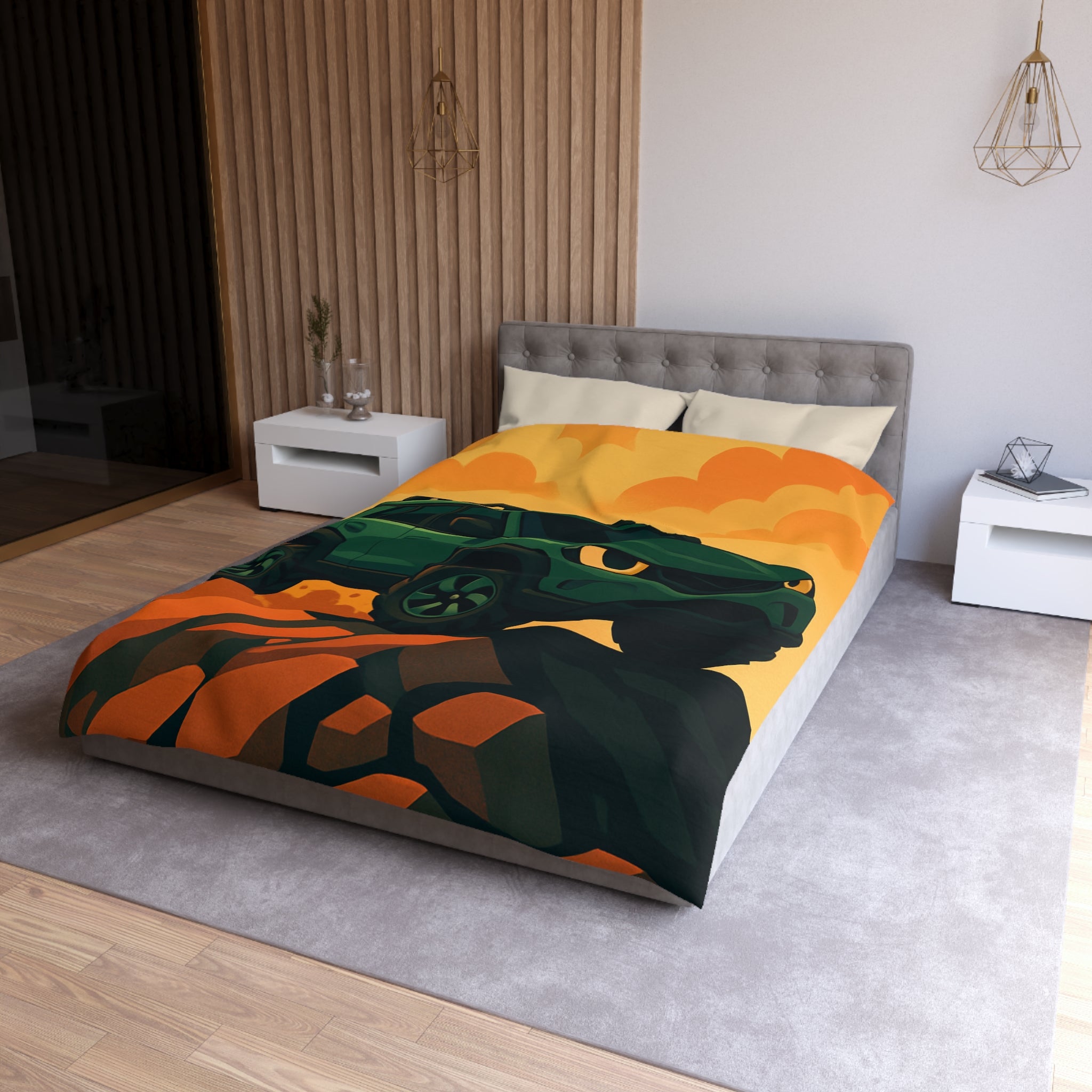 Housse de couette SUV vert, illustrée, ambiance aventure, nuages orange, montagne rocailleuse