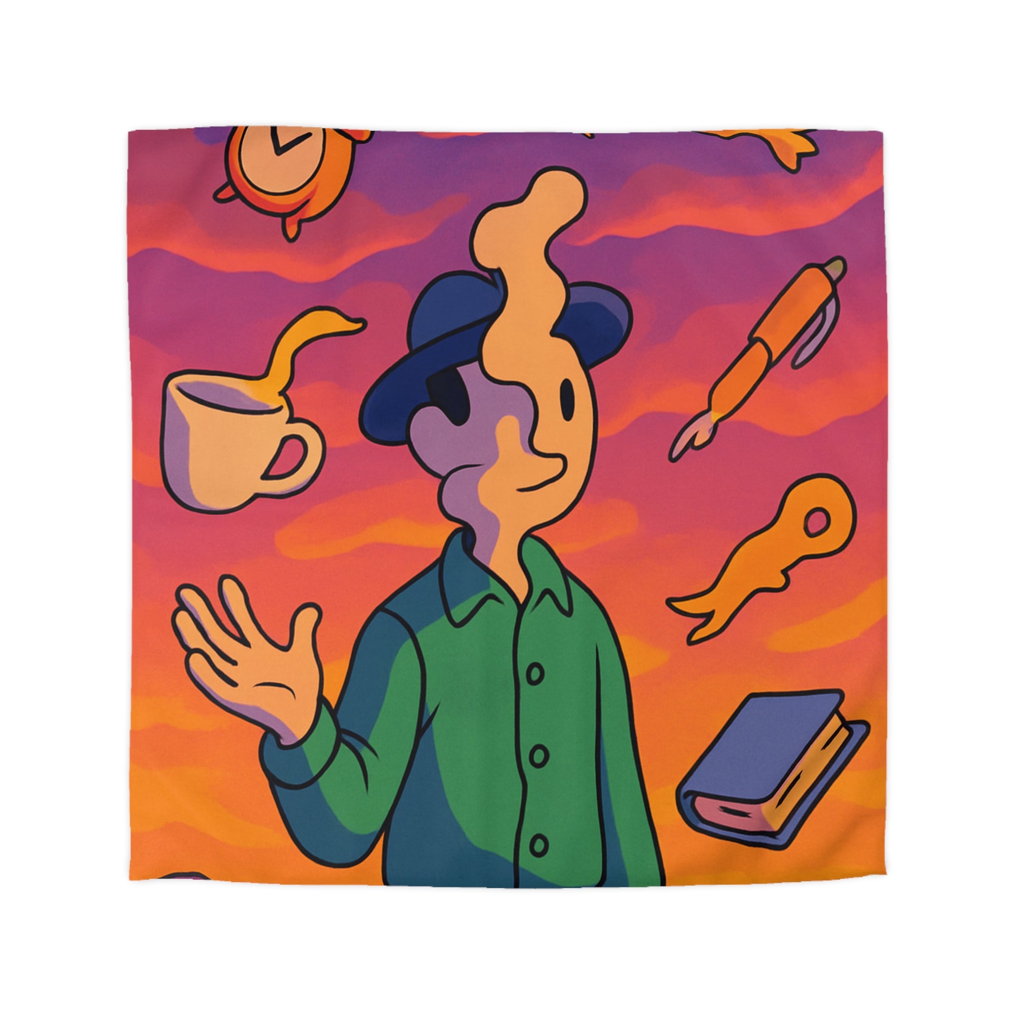 Housse de Couette Unique avec Design Surréaliste et Éléments Symboliques Vifs et Colorés