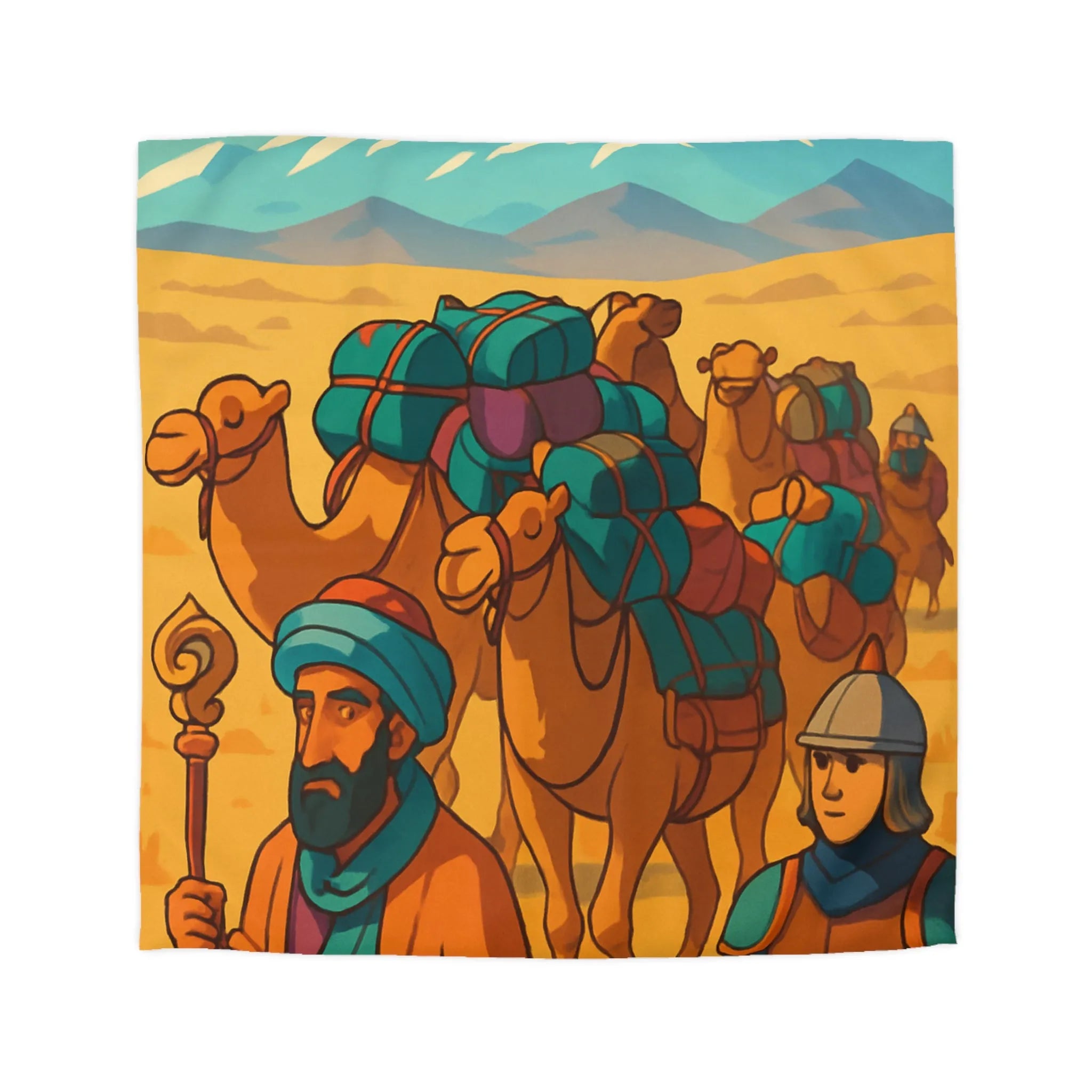 Housse de couette avec caravane de chameaux traversant un désert montagneux en arrière-plan