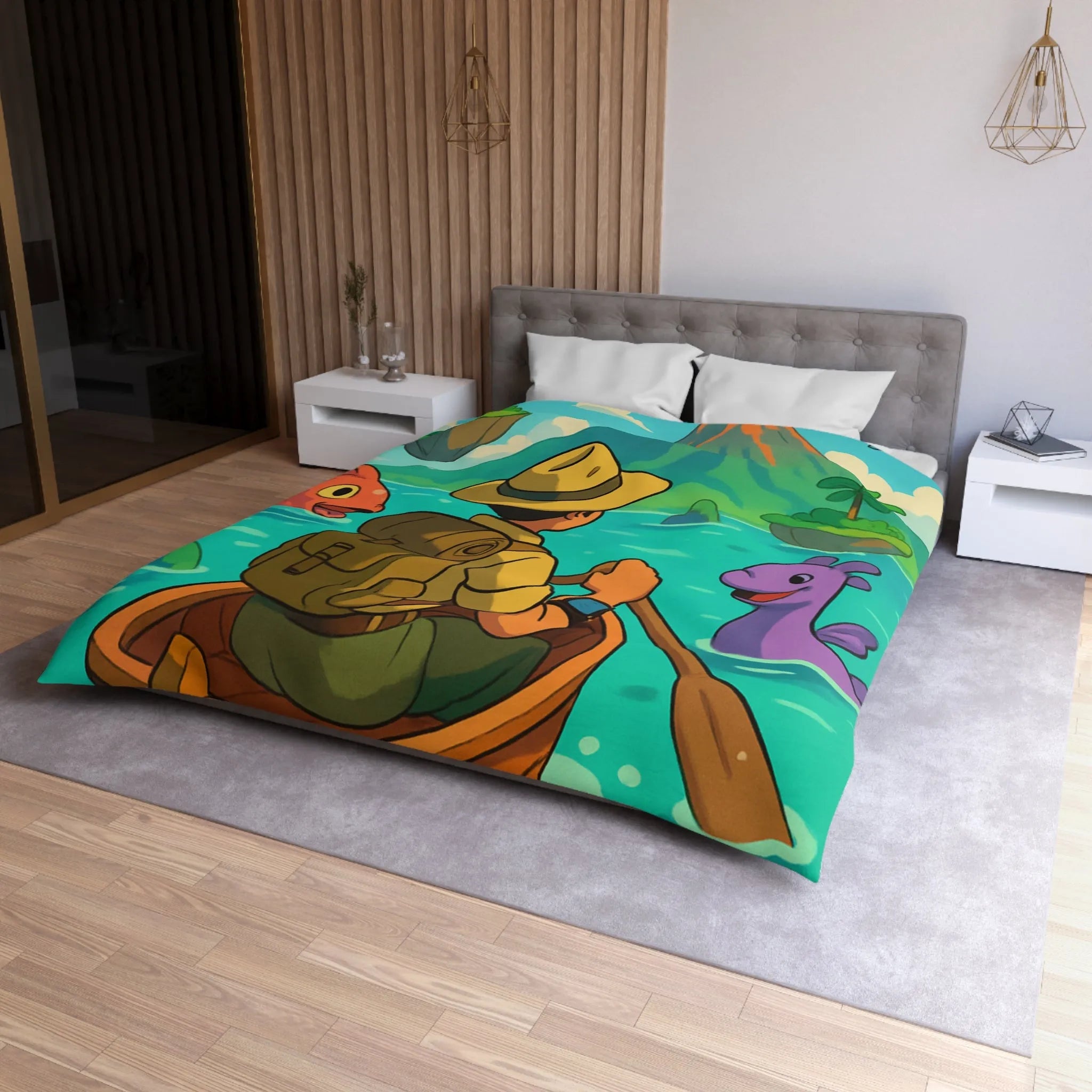 Housse de couette île volcanique exotique avec aventurier et créatures marines colorées