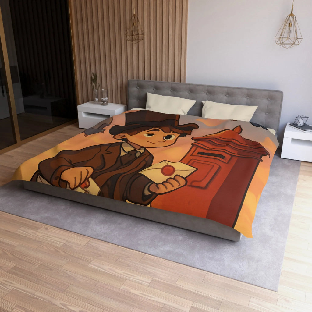 Housse de couette illustrée avec poste vintage et pigeons dans ciel au coucher du soleil