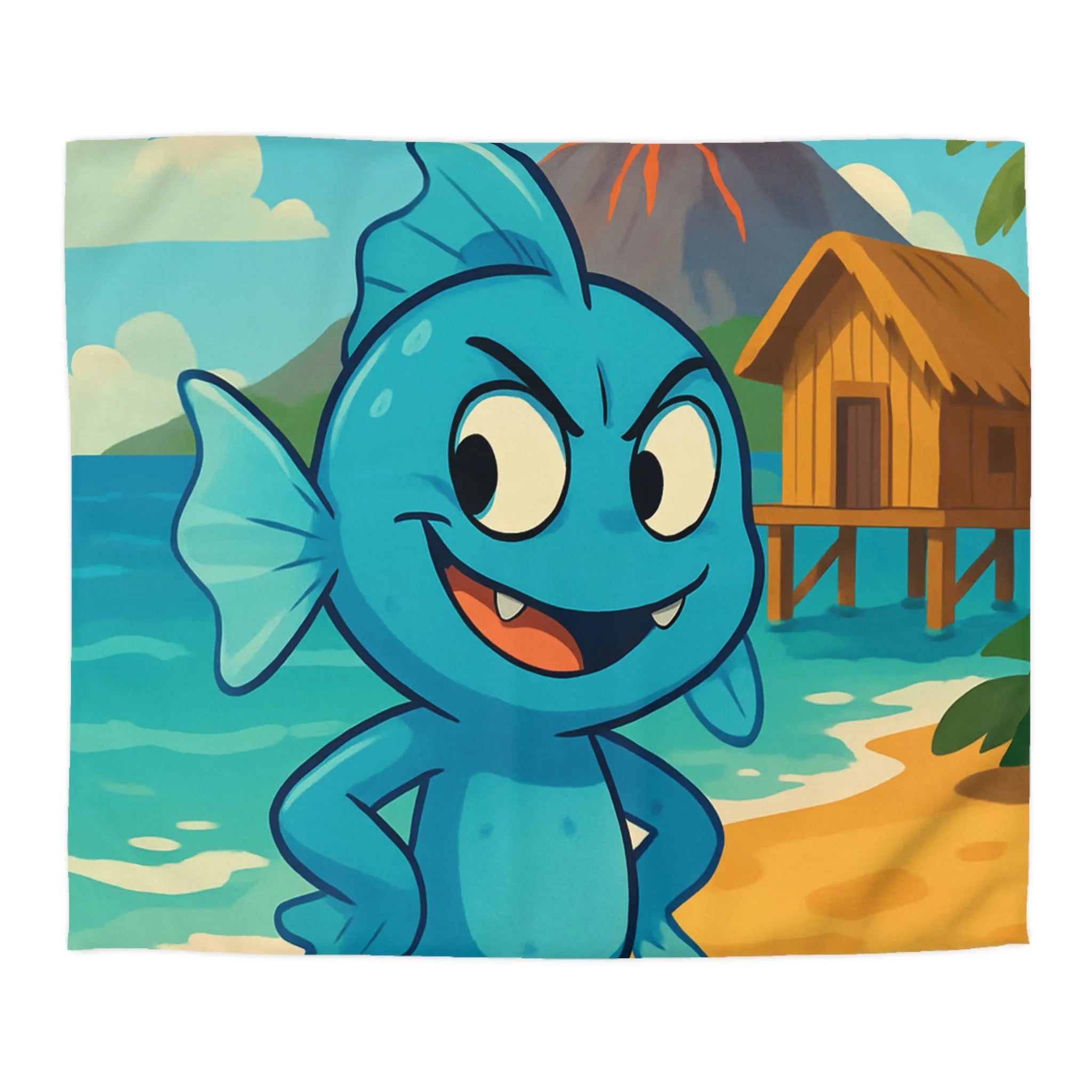 Housse de couette île tropicale avec poisson bleu et volcan en arrière-plan