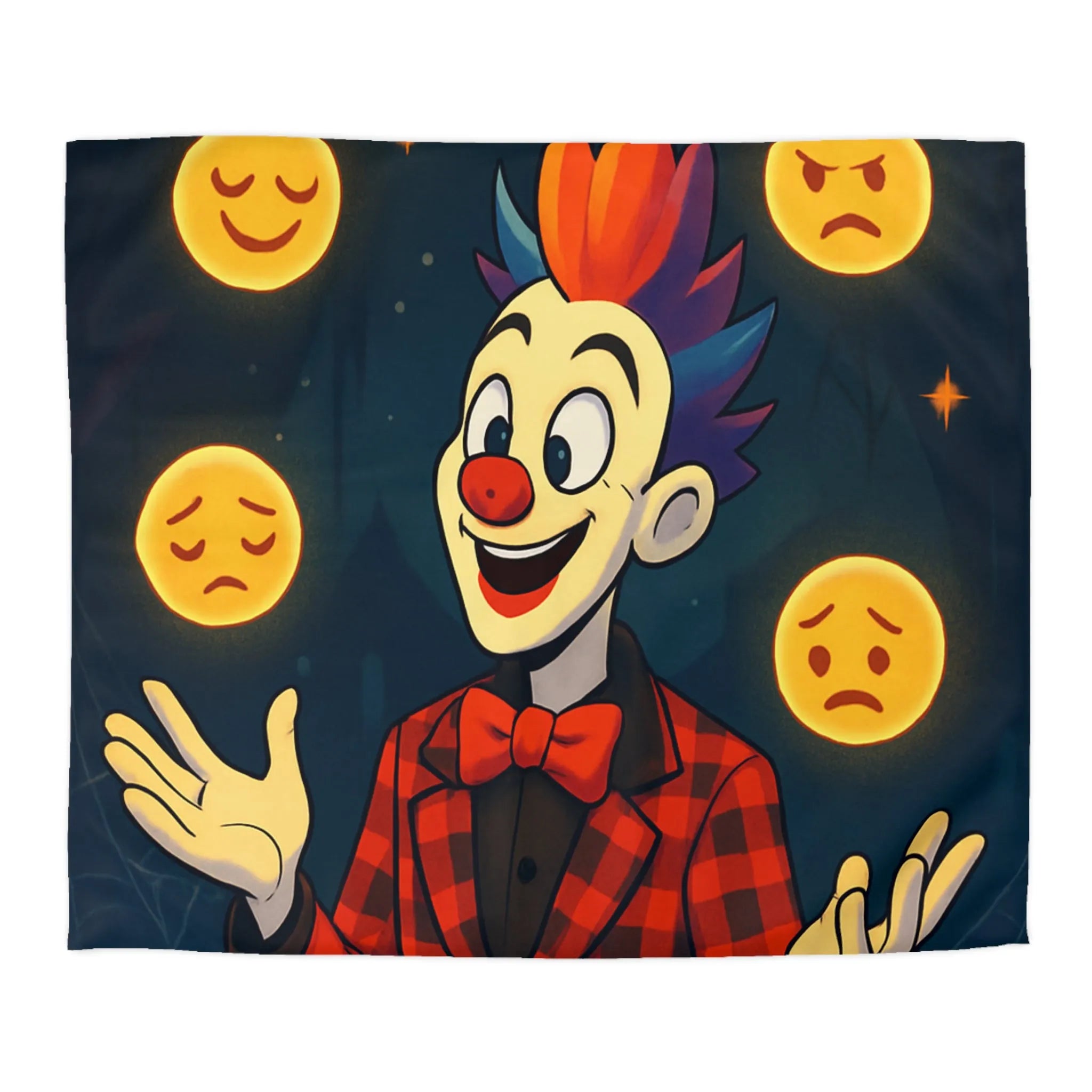 Housse de couette clown coloré dans un cirque avec émojis expression faciale variée
